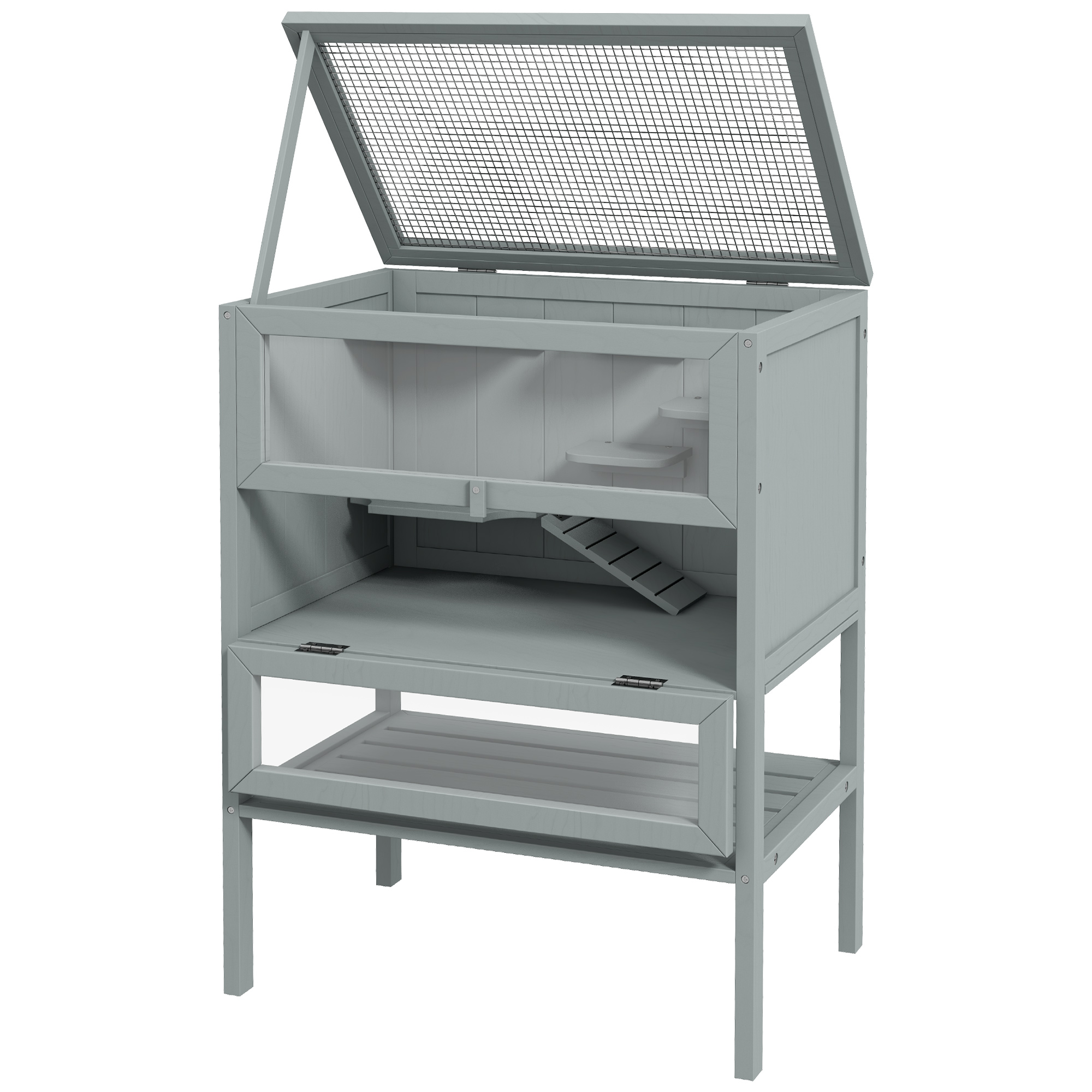 3-Tier Wooden Hamster Cage Mice and Rat Cage Small Animals Hutch with Openable Top, Front Door, Storage Shelf, Gray — imagen 7