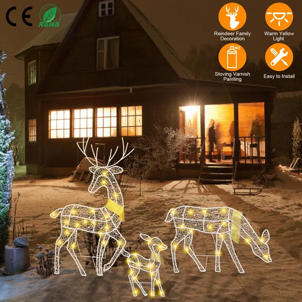 3 Sets Of Reindeer Family Lighted 2D Christmas Deer Decoration Warm Yellow Light 3 Lighting Modes Buck Doe Fawn Indoor Outdoor Christmas Decoration — imagen 1