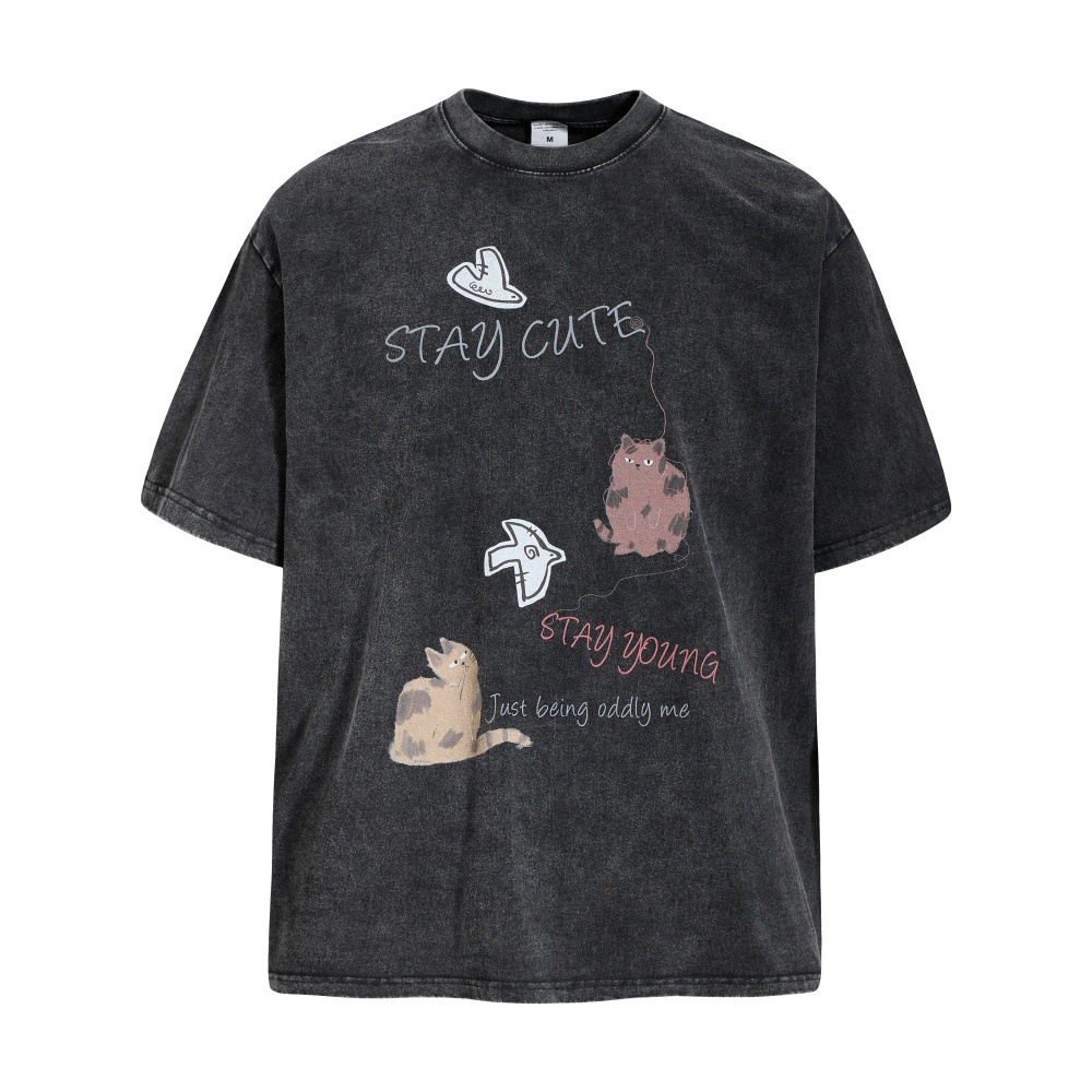 Camiseta de manga corta con impresión de gatito cómico desgastada — imagen 2