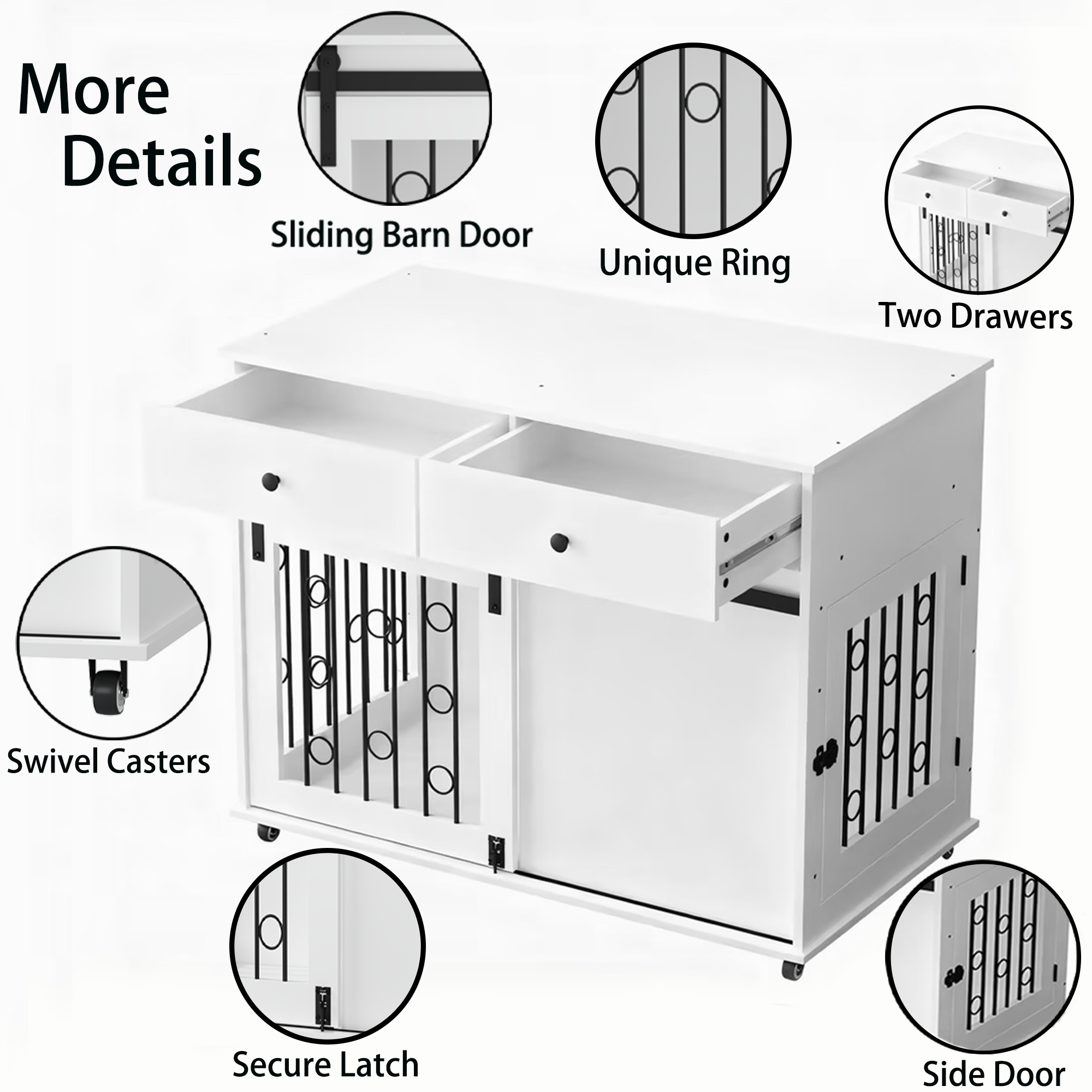 Mueble Jaula para Perro de Madera Moderno de 39.37" con Doble Cajón y Puerta Corrediza Estilo Granero, Mesa Decorativa con Ruedas Bloqueables, Jaula Elegante para Perros Pequeños y Medianos, Blanco — imagen 3