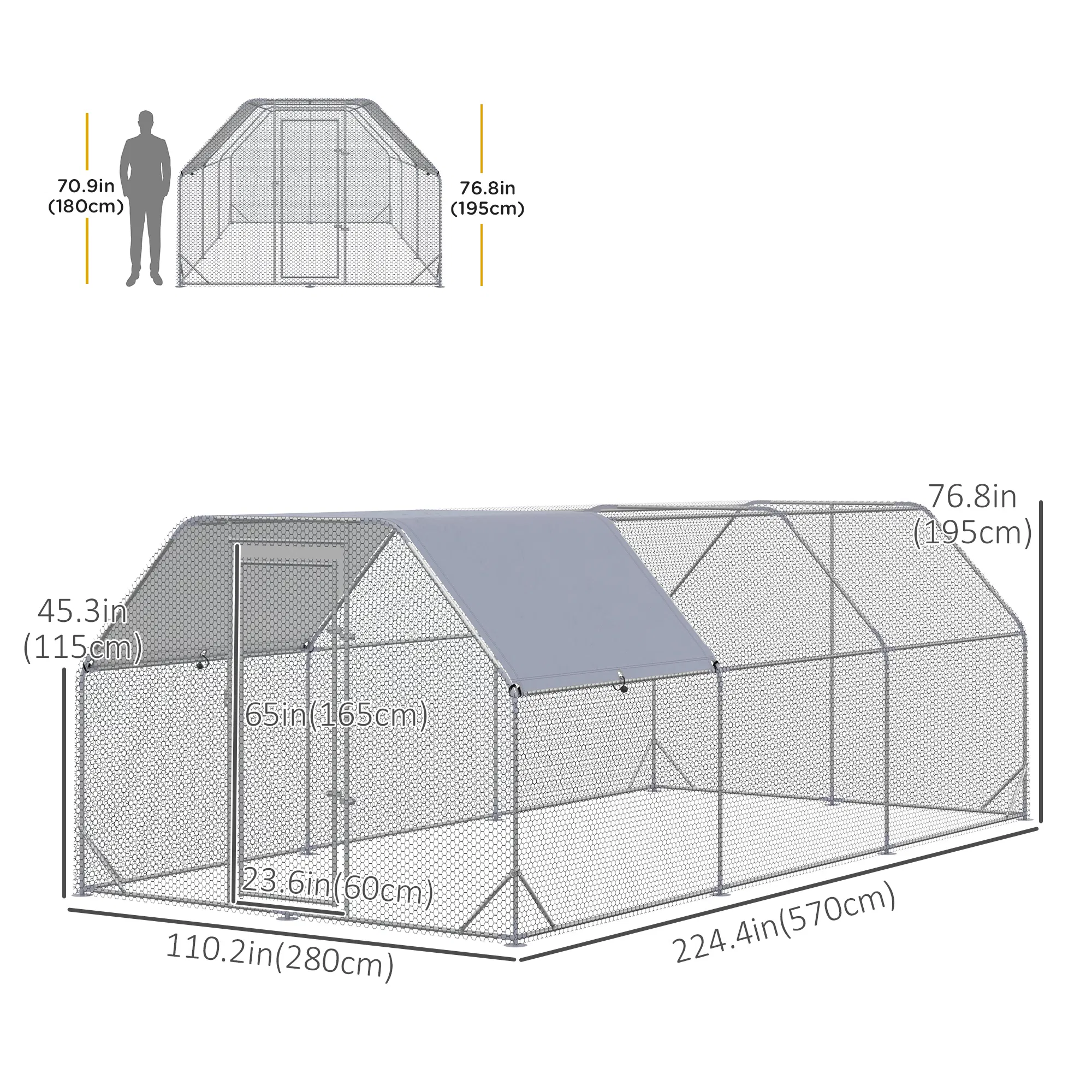 Chicken Run, Galvanized Large Metal Chicken Coop Cage, Walk-in Enclosure Poultry Hen Run House Playpen Rabbit Hutch with Flat Roof, Cover, 9.2' x 18.7' x 6.5', Silver — image 4