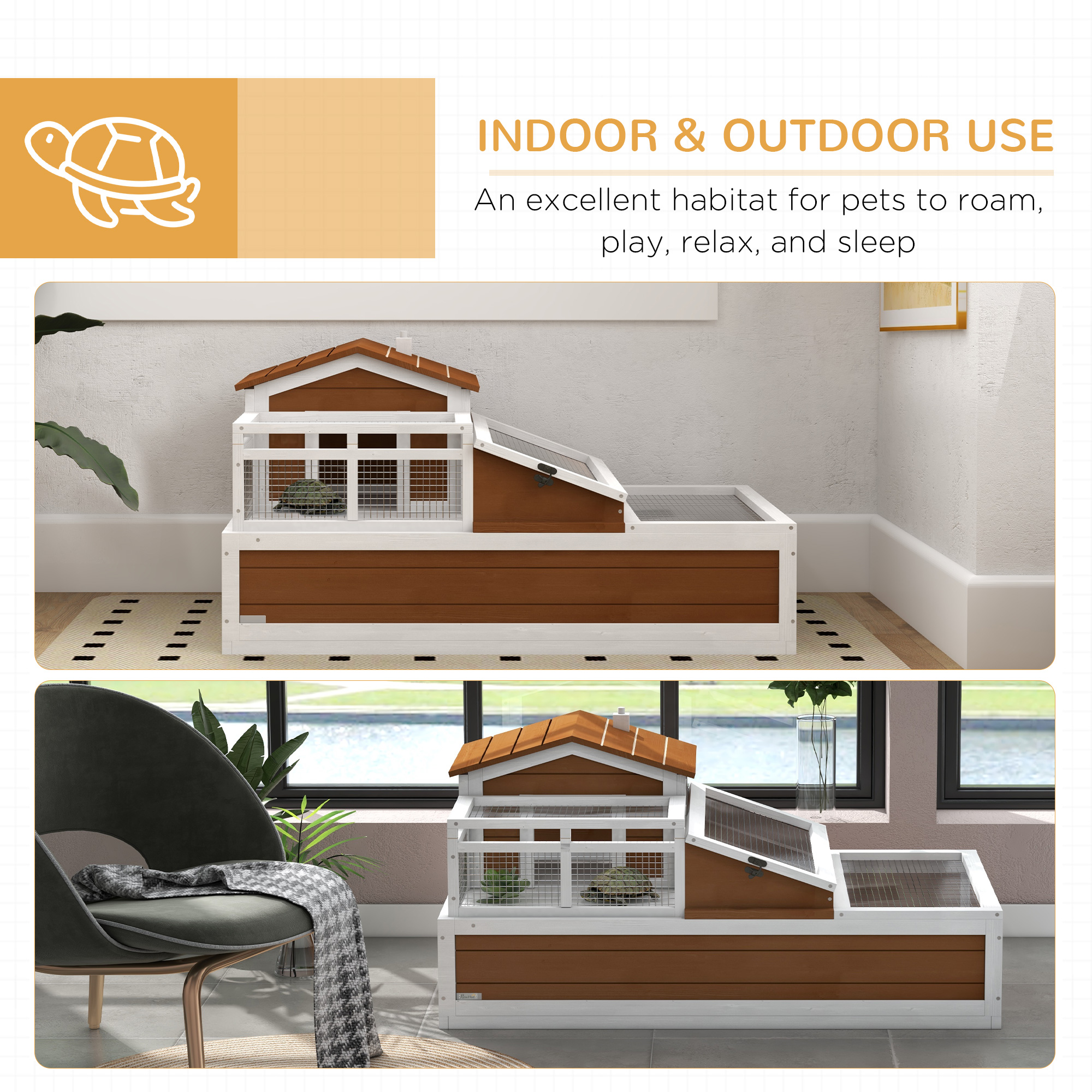 3-Room Tortoise Habitat House w/ Balcony & 2 Stories, 44" x 25.5" x 25", Coffee — imagen 5