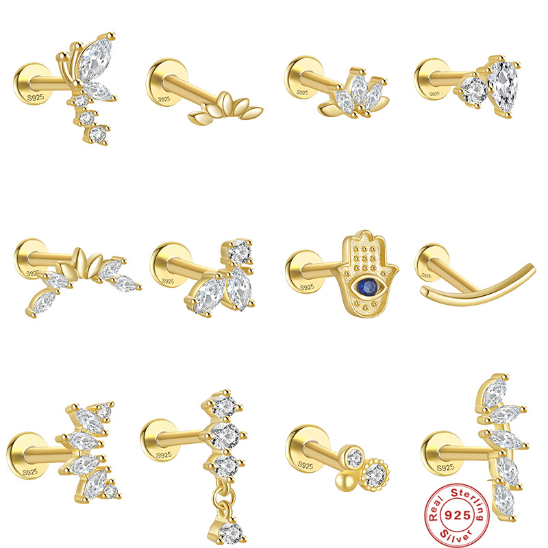 Pendientes de plata esterlina S925 con insignia de viento triple cielo, adorno de mariposa super hada, perforación interna, hilo interno, cabeza plana — imagen 1