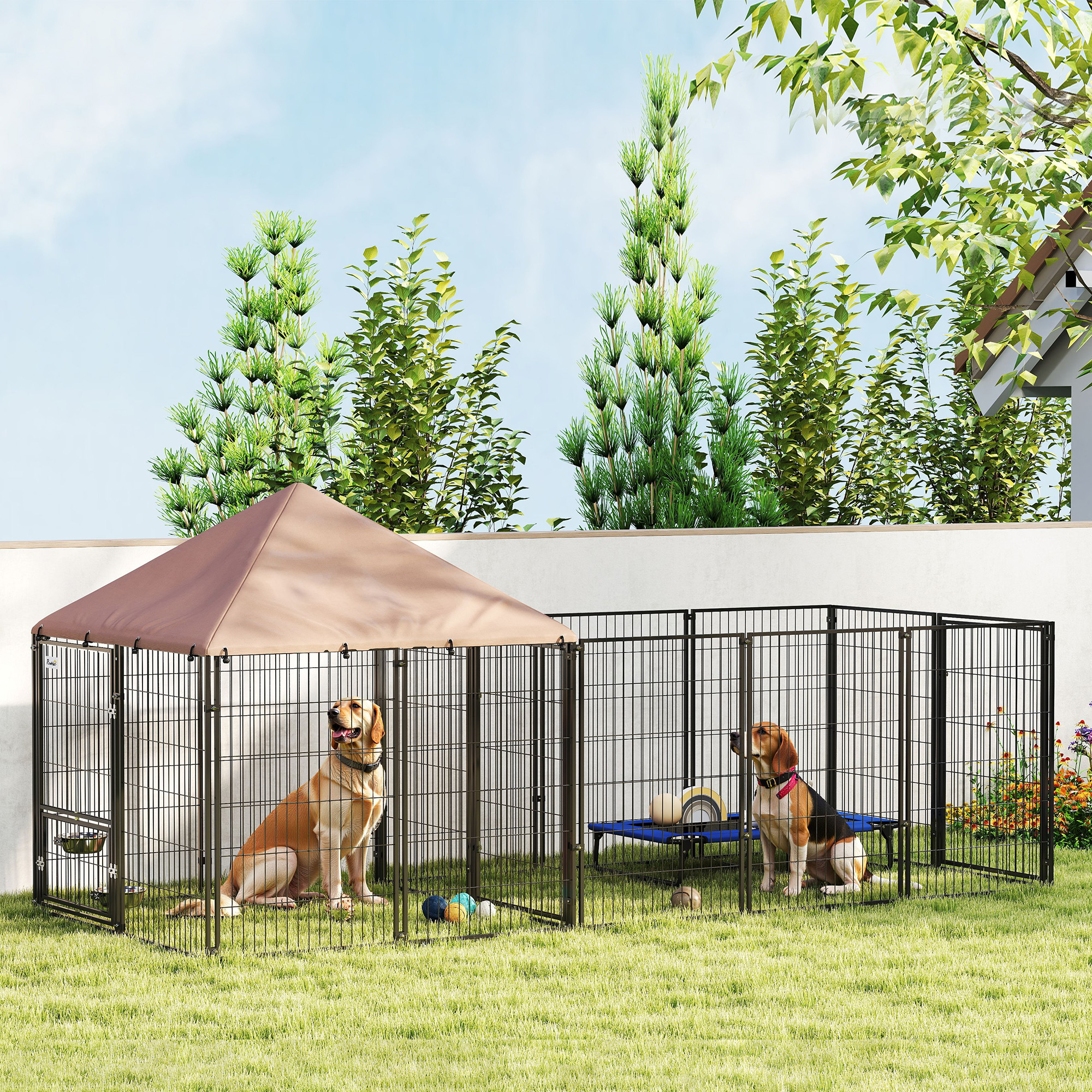 Large Outdoor Dog Kennel with Rotating & Adjustable Height Bowls, Waterproof & UV-Resistant Canopy, 11.3' x 4.7' x 5.1' — image 1