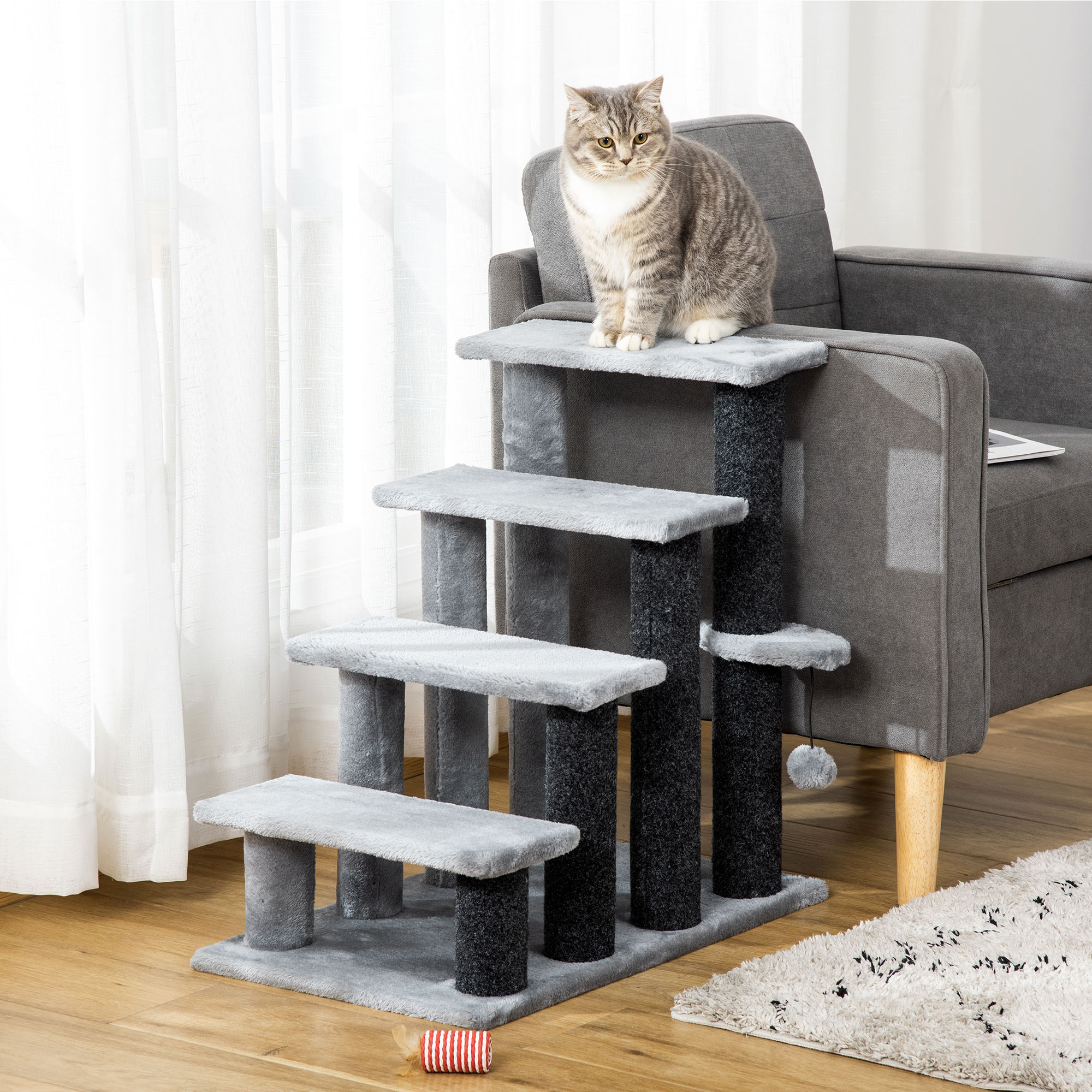 Cat Tree, Cat Tower Cat Stair Steps with Scratching Post, Hanging Play Ball for High Bed, Sofa, Indoor / Outdoor — image 5