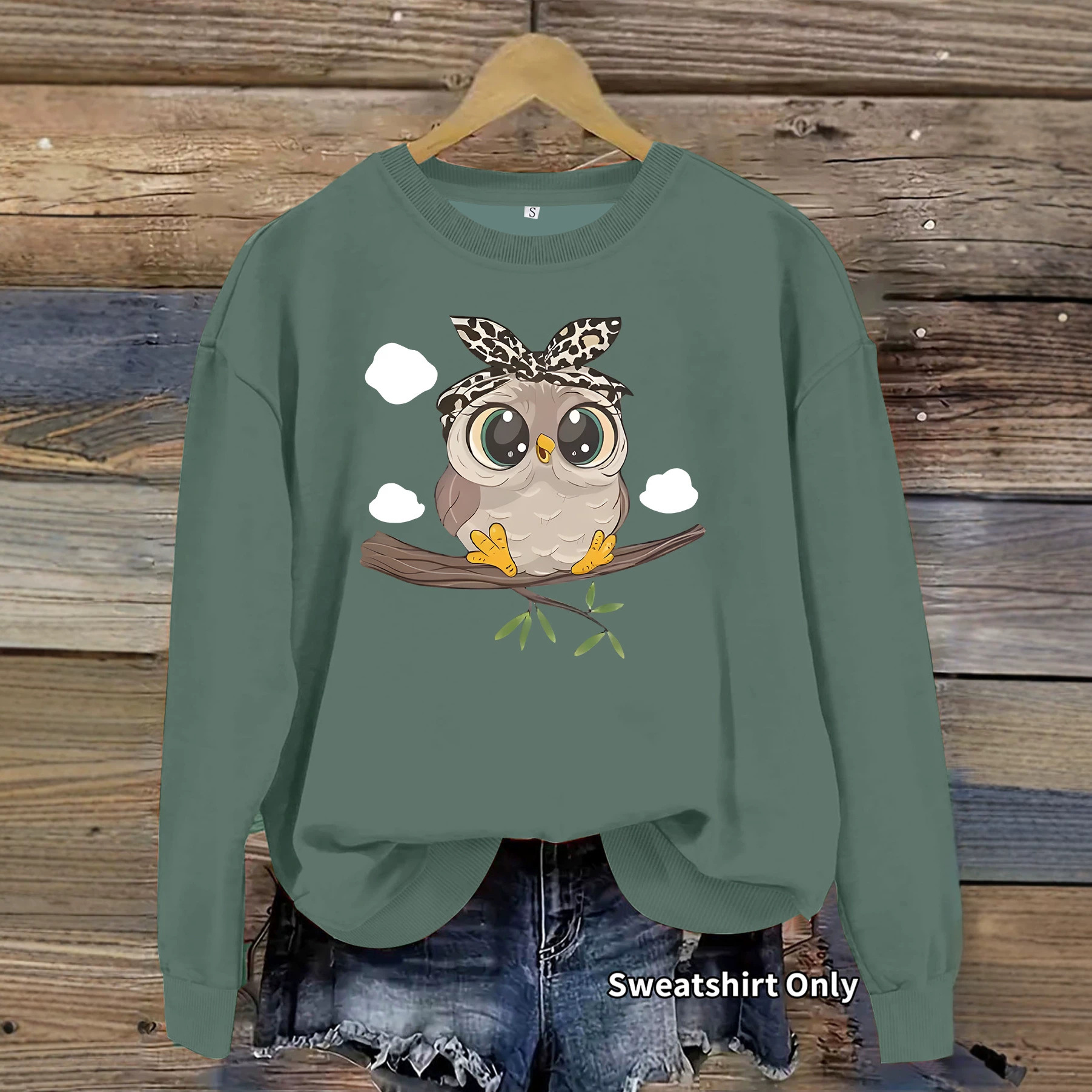 Owl white cloud print loose women's hoodie — image 3