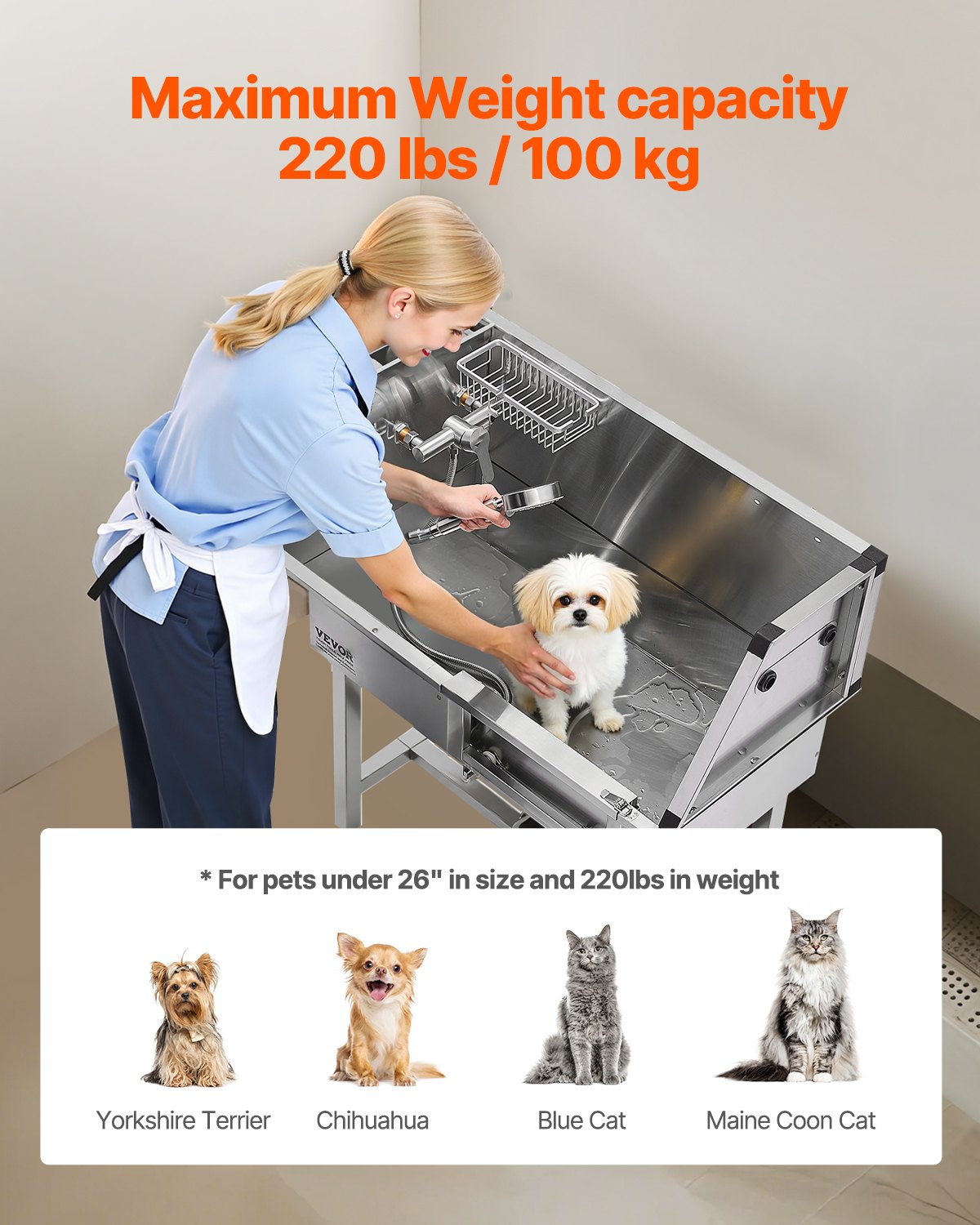 Estación de Lavado para Perros de 34", Tina de Aseo de Acero Inoxidable, Fregadero Profesional para Lavar Perros con Regadera, Grifo, Porta Jabón, Escalera Antideslizante, Diseño de Fácil Limpieza para Mascotas Pequeñas y Gatos (Puerta Derecha) — imagen 3
