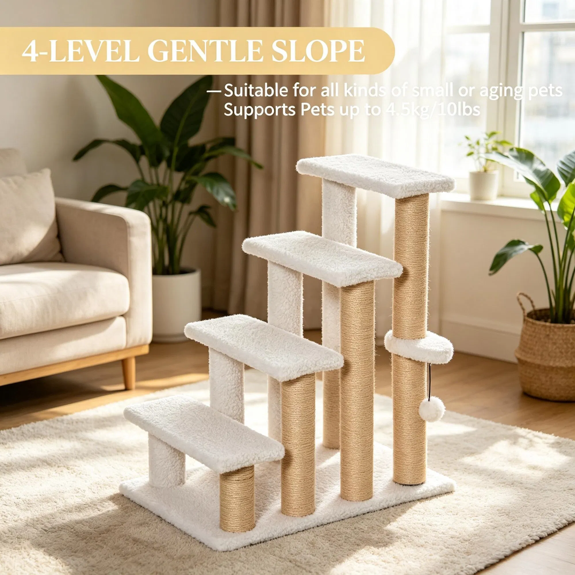 4 Levels Cat Steps with Scratching Posts for High Bed, Sofa, Non-slip Sturdy Pet Climbing Ladder for Indoor Cats, White — image 2