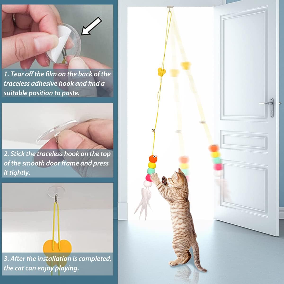 Juguetes para Gatos de Interior - Juguetes Interactivos para Gatos en Casa 200cm Colgador de Gato Autoestimulante con Cuerda Retráctil Nylon Alivio de Estrés — imagen 11