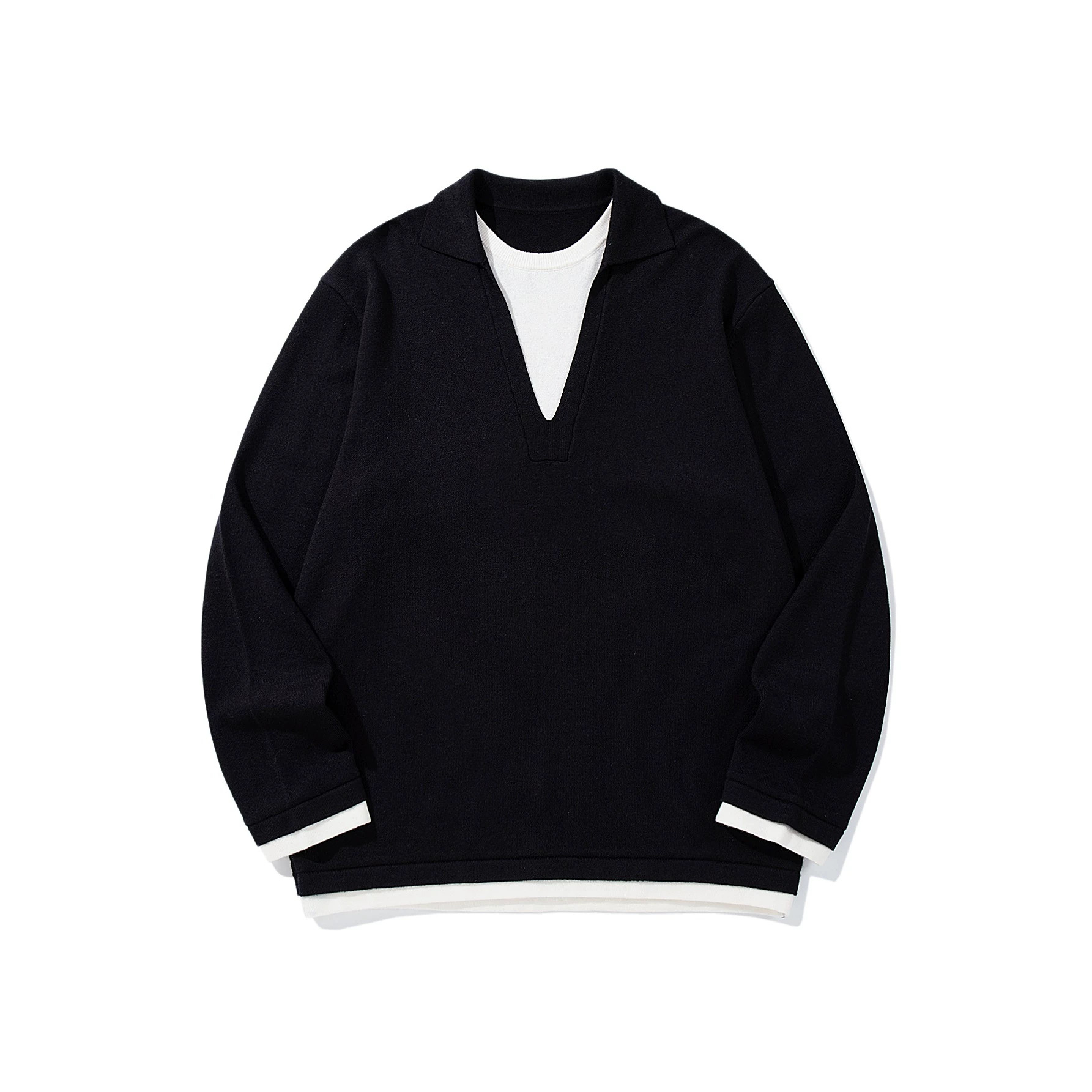 Color-Blocking Seagull Neck False Two-Piece Loose Knit Sweater Pullover — image 5