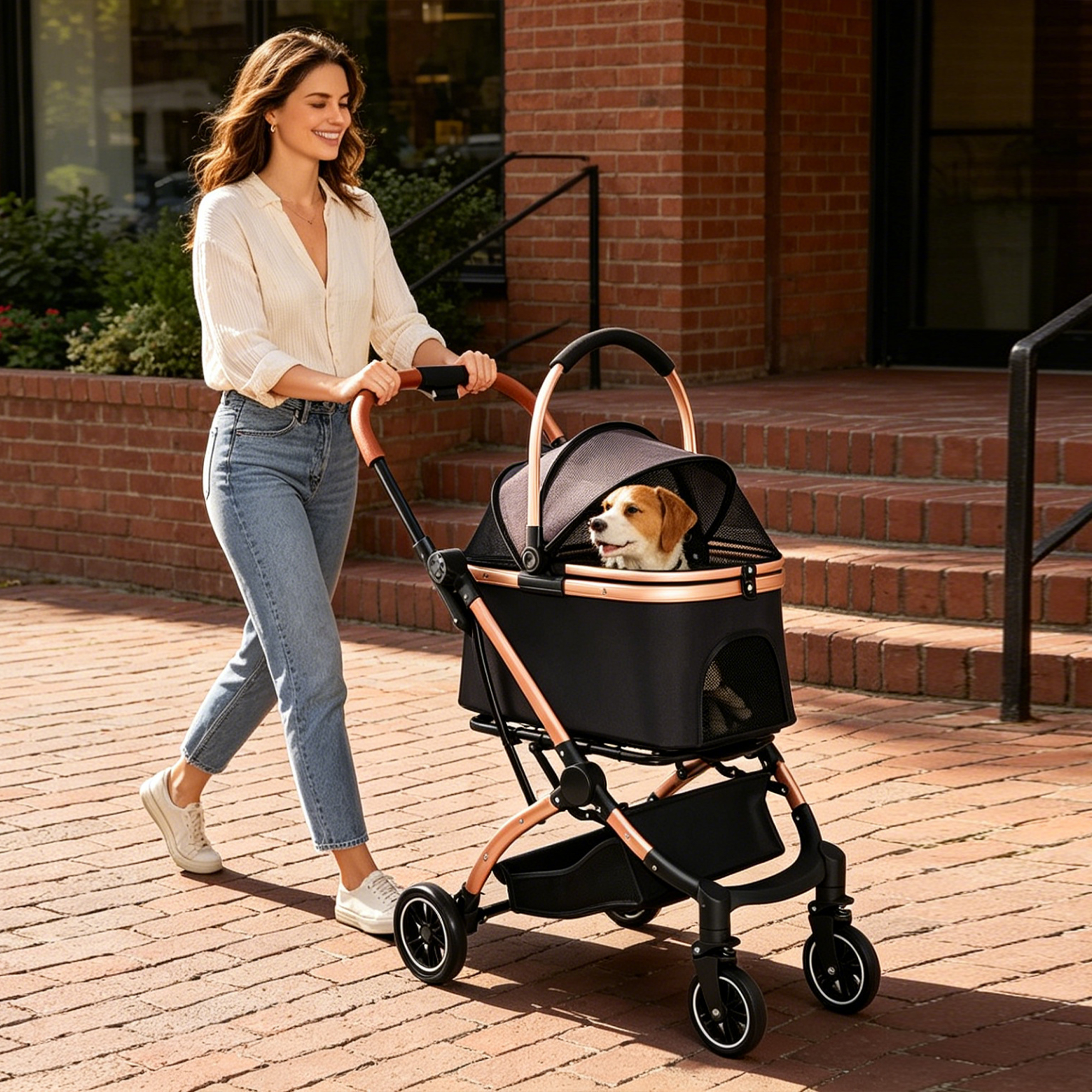 Pet Stroller for Dogs and Cats, 2-in-1 Detachable Foldable 4 Wheels Pet Stroller, Quick One-Hand Fold, Storage Basket, Detachable Carry Basket with Sun Canopy(Black+Gold) — image 15