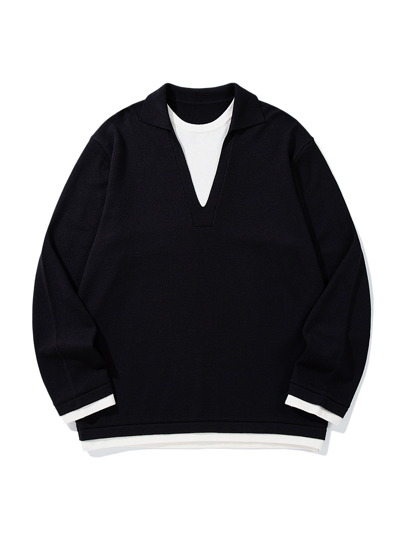 Color-Blocking Seagull Neck False Two-Piece Loose Knit Sweater Pullover — image 8