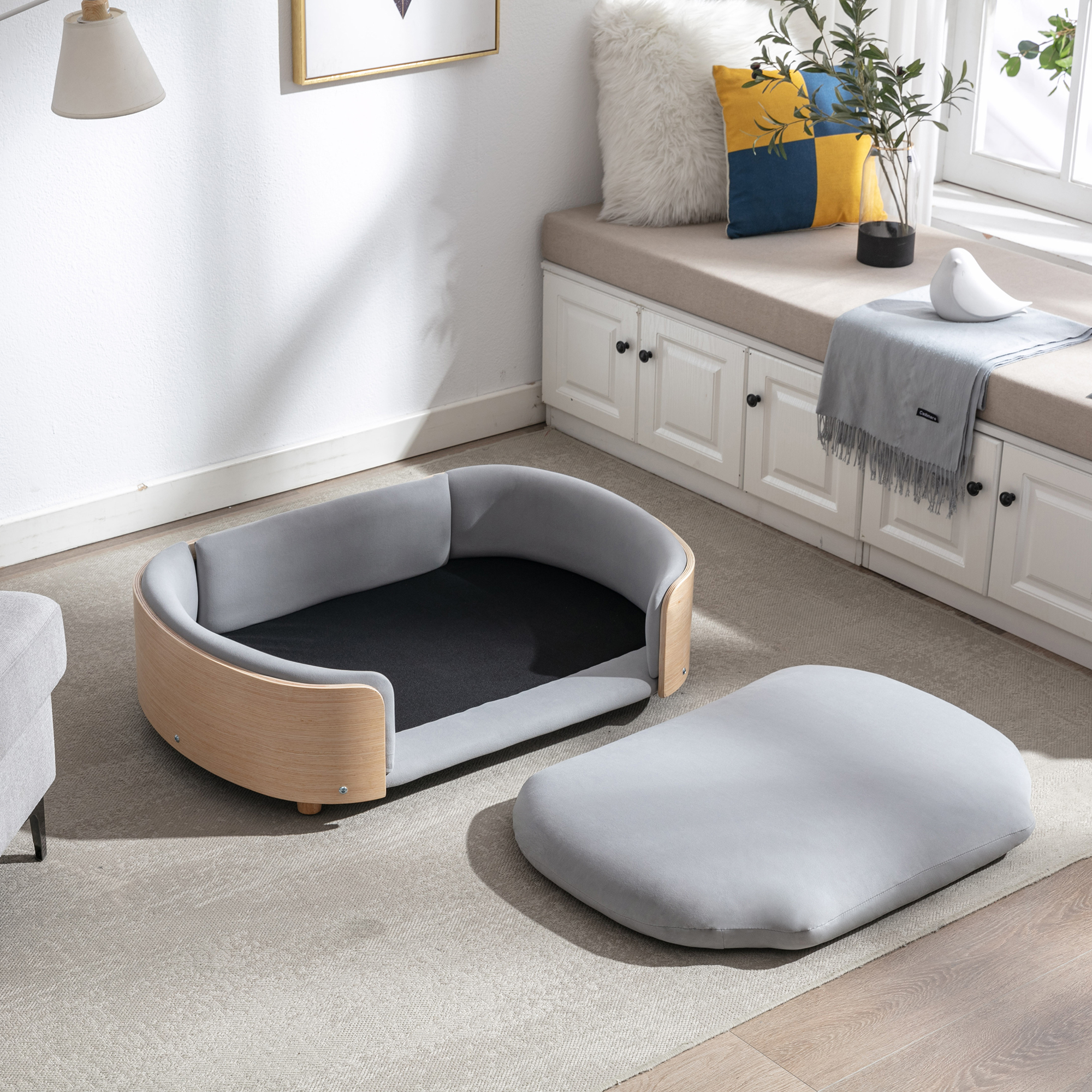 Scandinavian style Elevated Dog Bed Pet Sofa With Solid Wood legs and Bent Wood Back, Velvet Cushion, Large Size — image 27