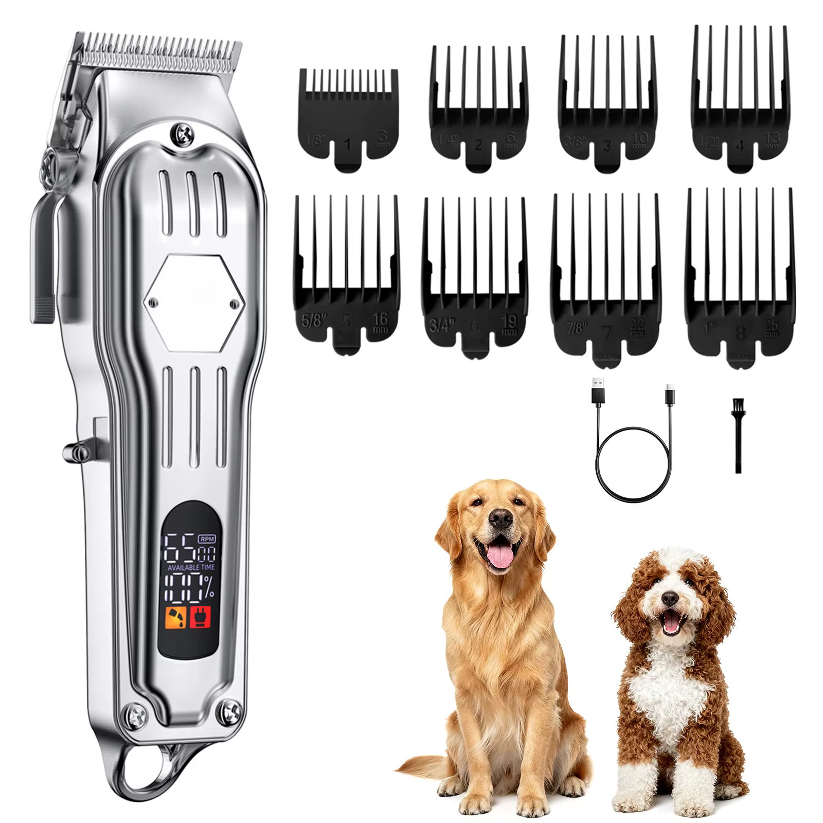 Upgrade Low Noise Dog Clippers for Thick Hair: Rechargeable Metal Blade, 8 Combs, Grooming Kit for Curly Hair (Silvery) — image 1