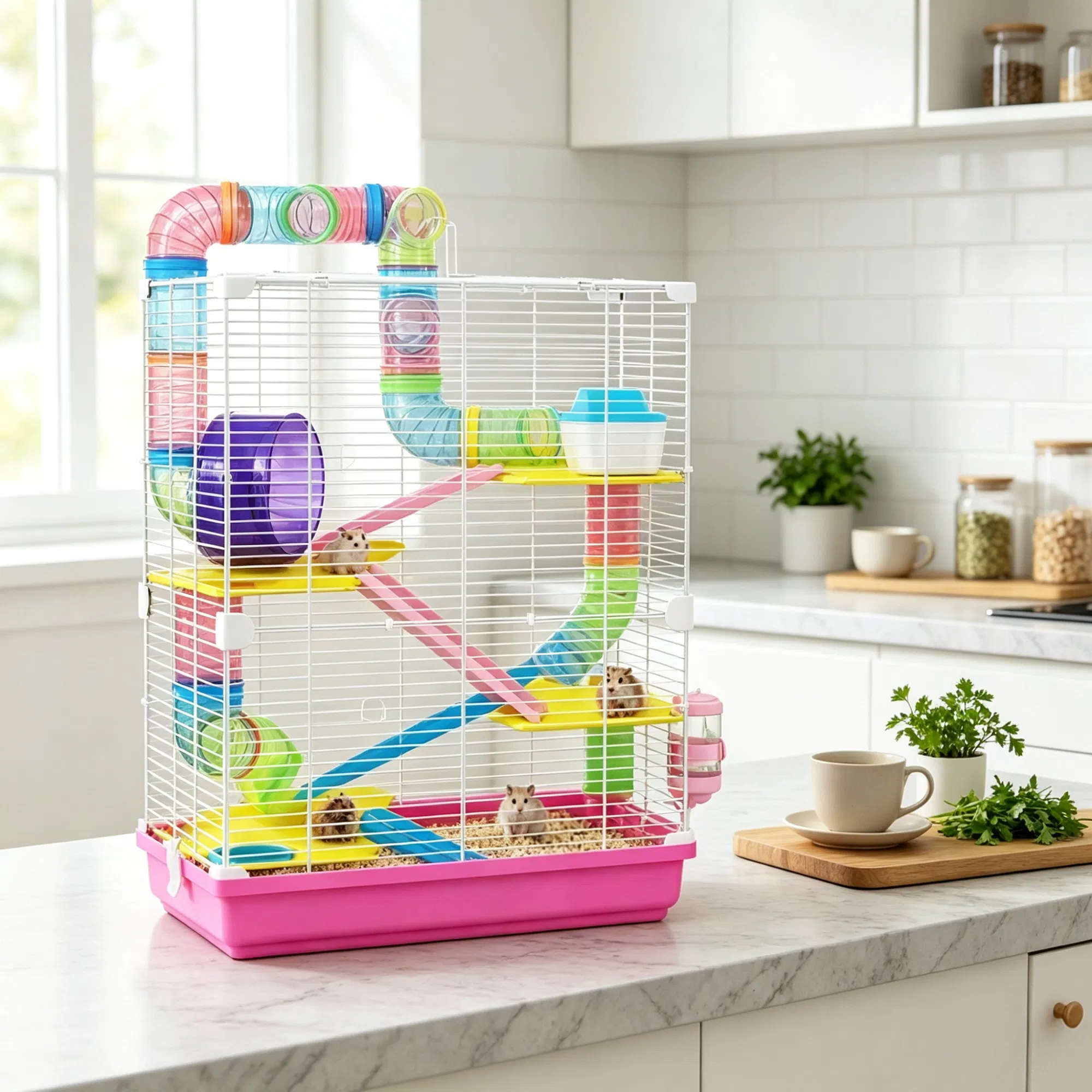 Pink 5-Tier Portable Hamster Cage for Short Trip Outing, Small Animal Travel Carrier with Tunnel Tubes — image 5