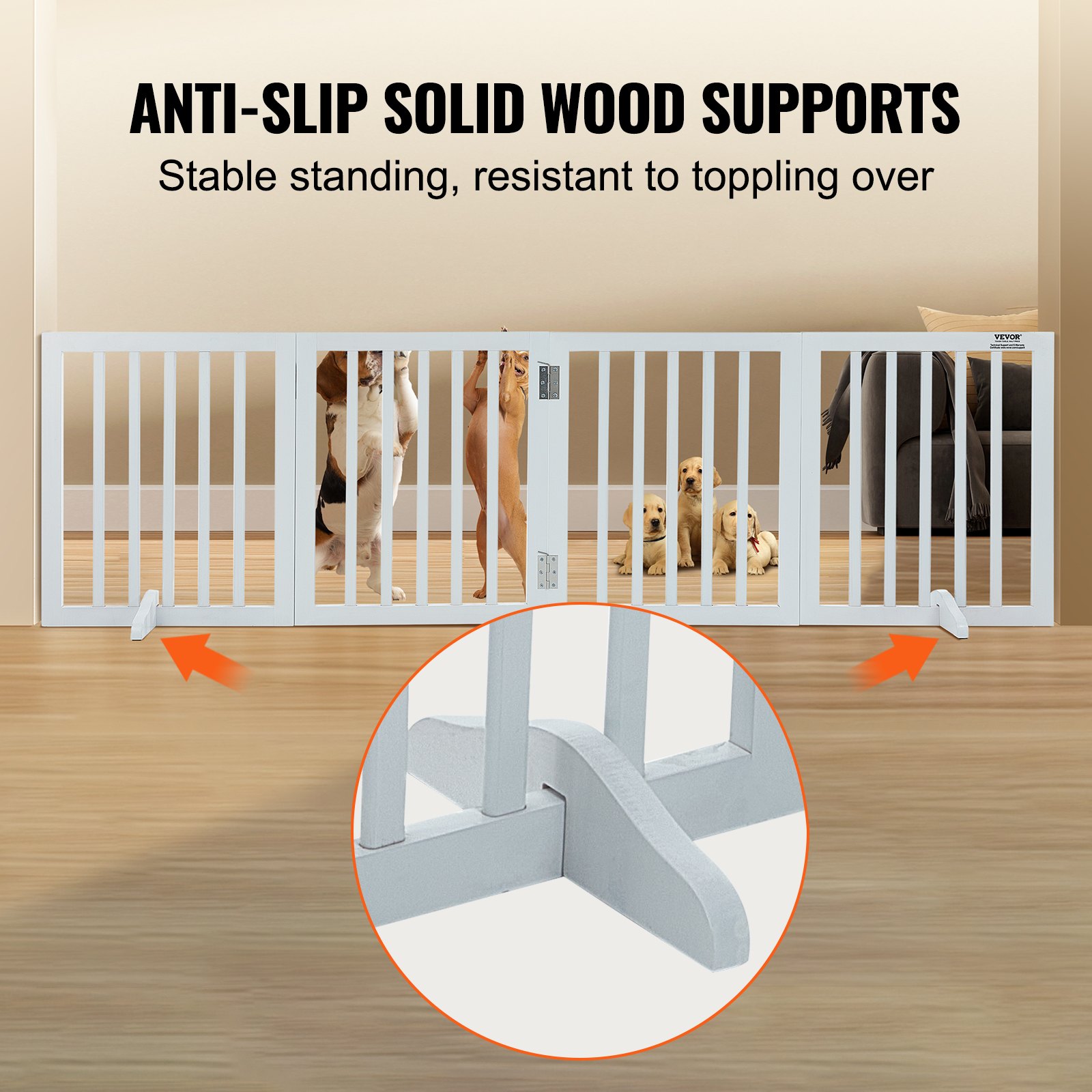 Puerta para Perros Libre de Pie, 24" H x 80.3" A, Barra de Mascotas Freestanding con 4 Paneles Reversible y Plegable para Pasillos Estrechos y Anchos, Barrera Expansiva para Mascotas con Soportes Silenciosos para Interior, Blanco — imagen 4