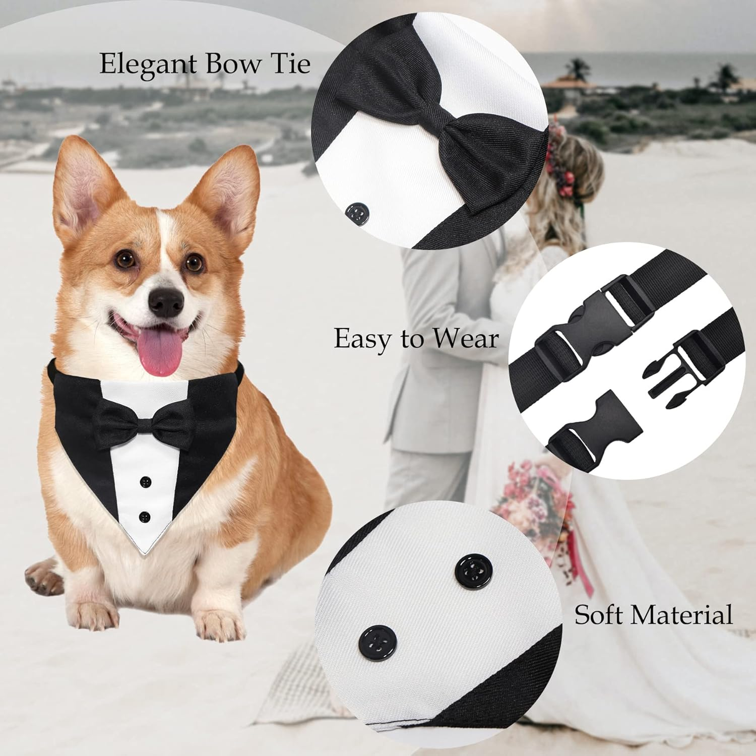 Dog Tuxedo Suit Wedding Bandana Collar With Bow Tie, Adjustable Formal Dog Tux, Engagement Birthday Tuxedo For Small Medium Large Dogs Pets — image 2