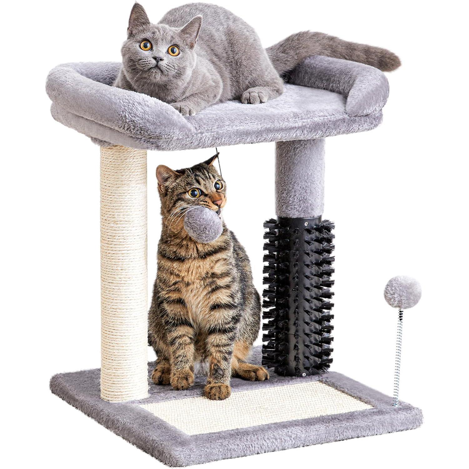 Árbol de Gato 4 en 1 Pequeño con Pelo Natural y Cepillo para Autogroomado, Poste de Escarbar Sisal y Colgantes para Entretener a los Gatos Indómitos — imagen 1