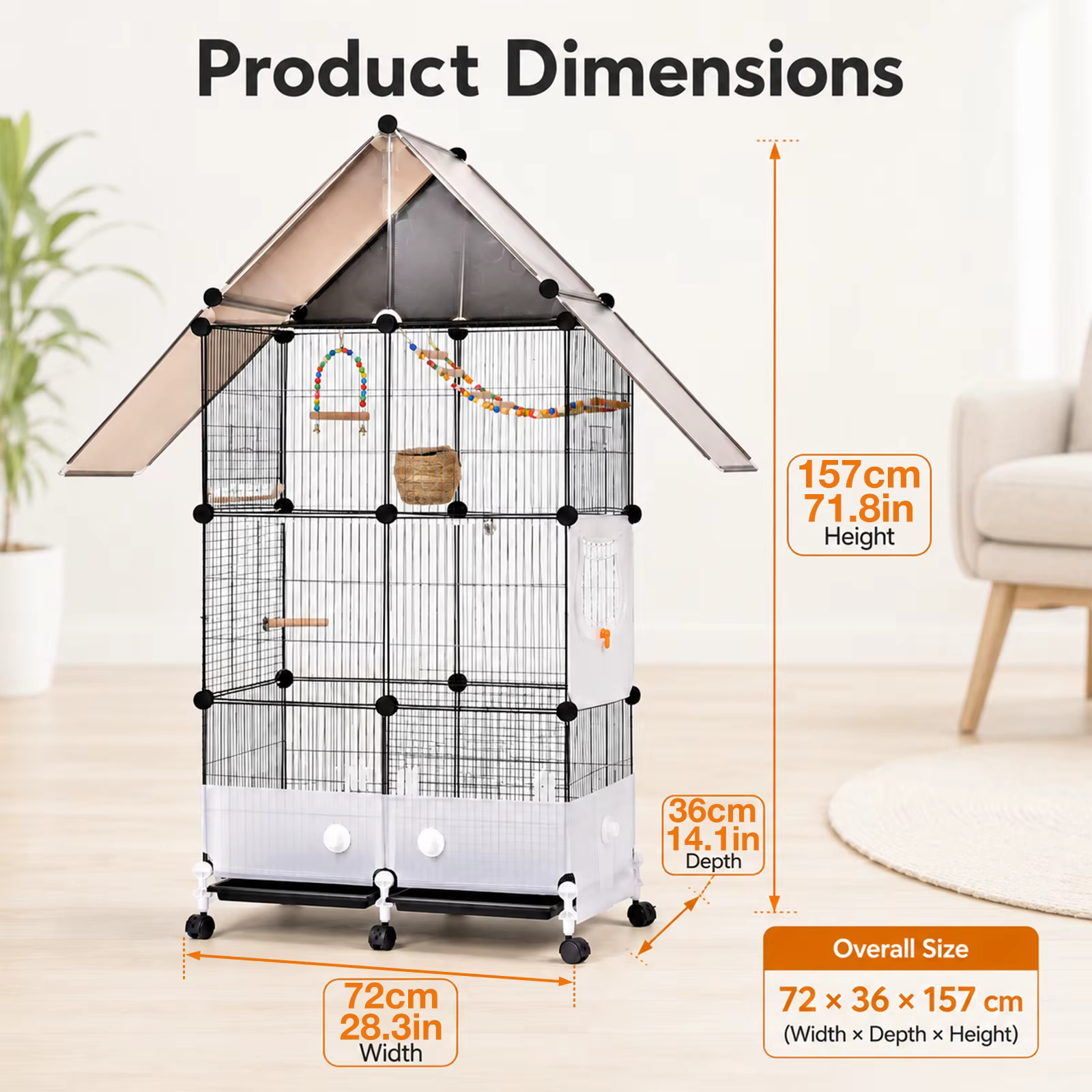 Cage para Conos con bandeja extraíble perchas comederos y 6 ruedas de rodadura estantes grandes para loros africanos, macaos, canarios, cacatúas, etc. — imagen 2