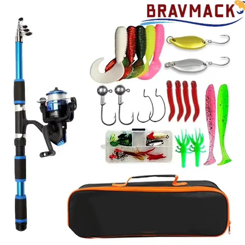 Travel Telescopic Fishing Rod Full Kit Spinning Reel Baits Hooks Portable Outdoor Angling Pole Set — image 1