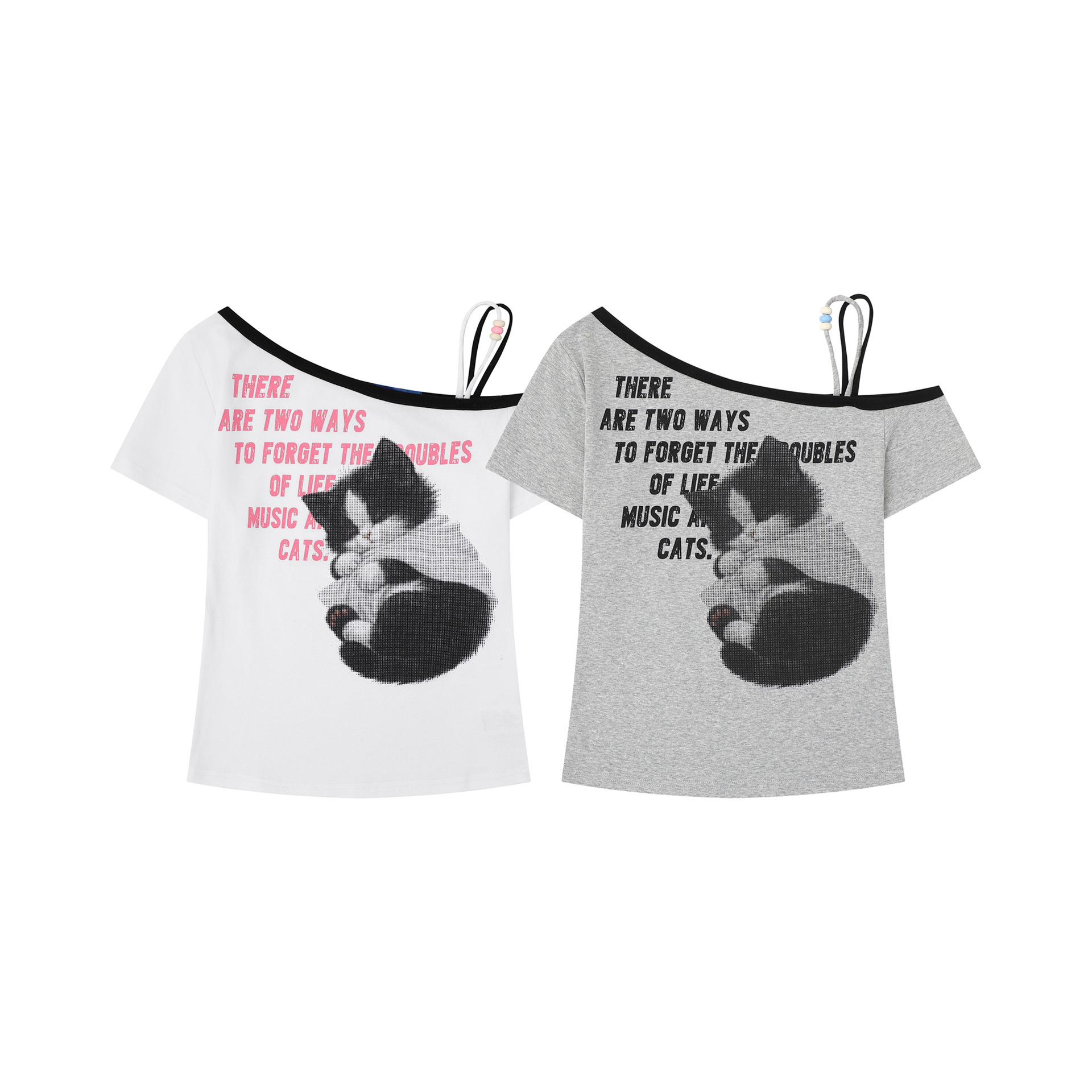 Camiseta de Manga Corta con Estampado de Gato Sexy y Cintas de Perlas Asimétricas para Mujer — imagen 5