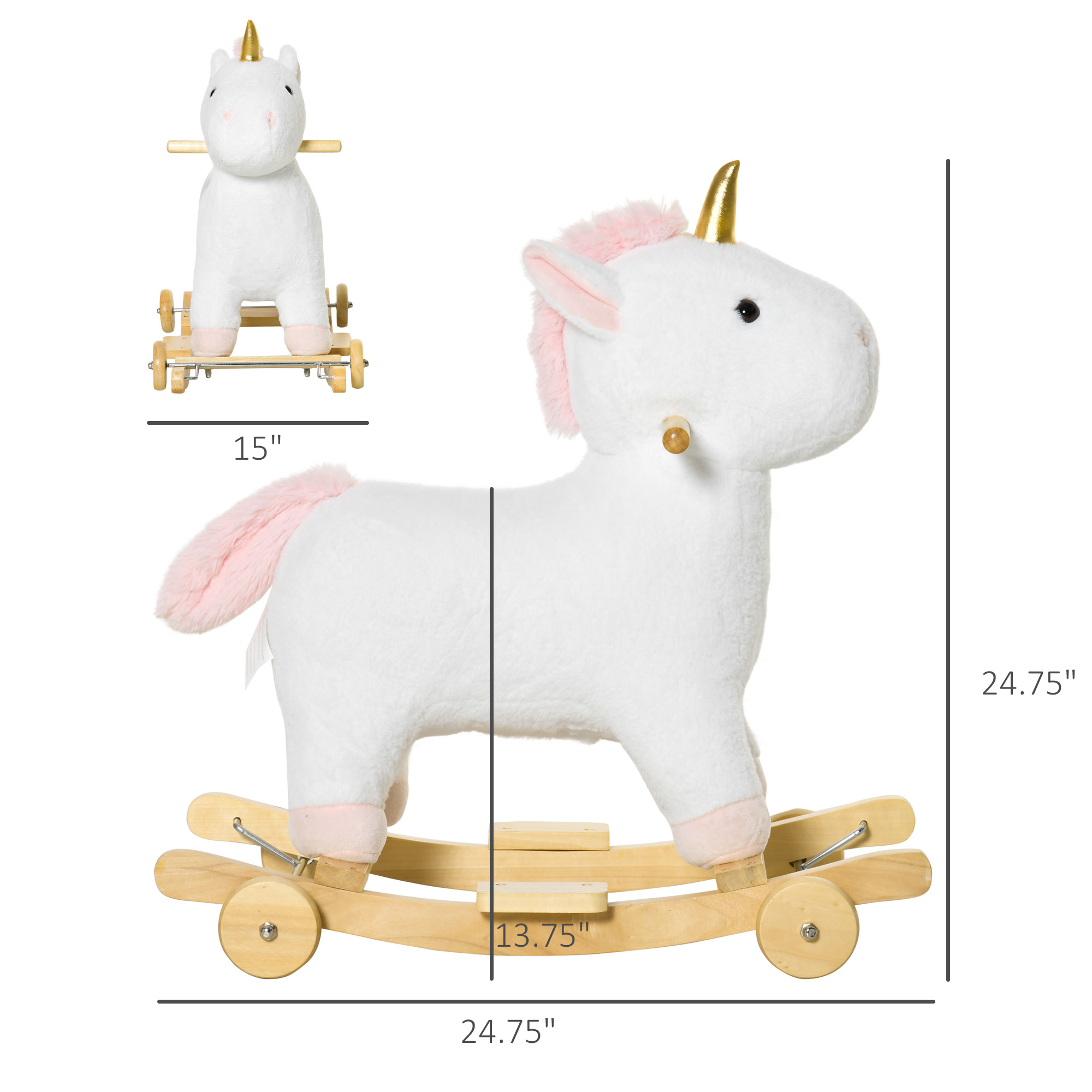 Caballito Mecedor 2 en 1 para Niños, Unicornio con Ruedas y Sonido, Base de Madera, Pedal, Manija de Agarre, Para Niños de 3-6 Años, Blanco — imagen 4