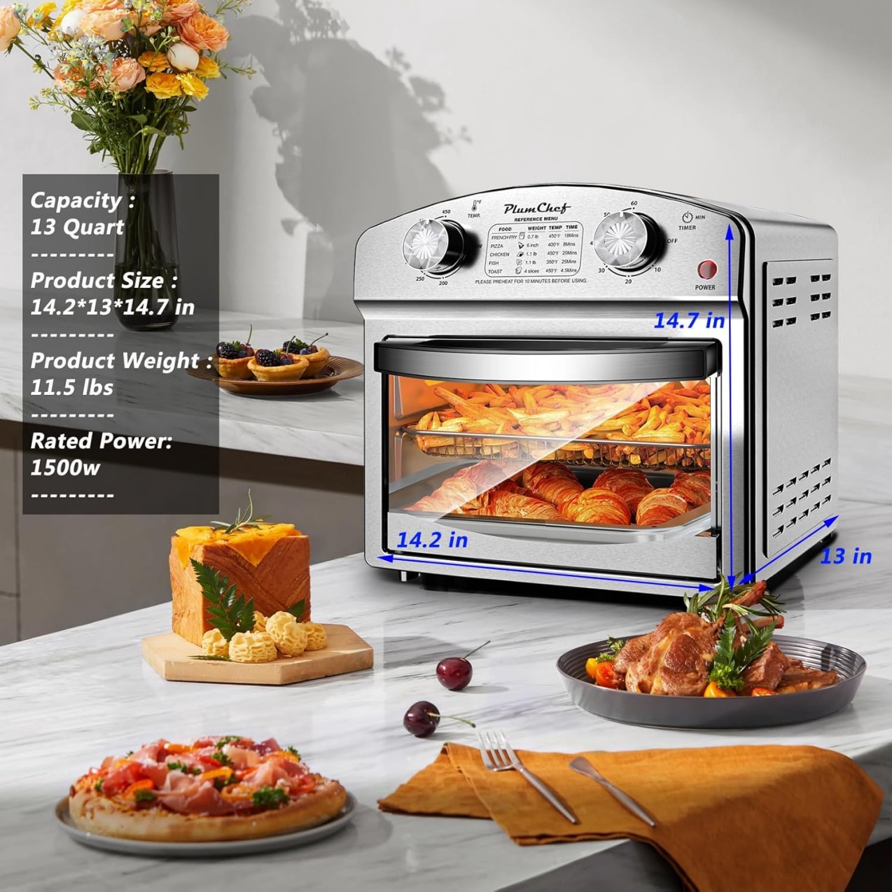 Estufa de Aire con Acero Inoxidable 12.5 Qt, Control Doble, Temporizador de 60 Minutos, Presets para Patatas Fritas, Pizza, Pollo, Pescado y Pan - Diseño Elegante y Saludable — imagen 5