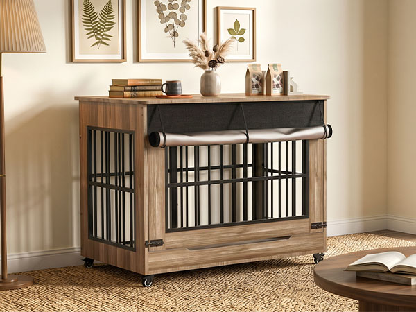 Dog Crate Furniture, Double Door Wooden Indoor Dog Kennel Furniture, Decorative Pet Cage End Table With Wheels For Large And Medium Breed Dogs, Size L, Greige — image 27