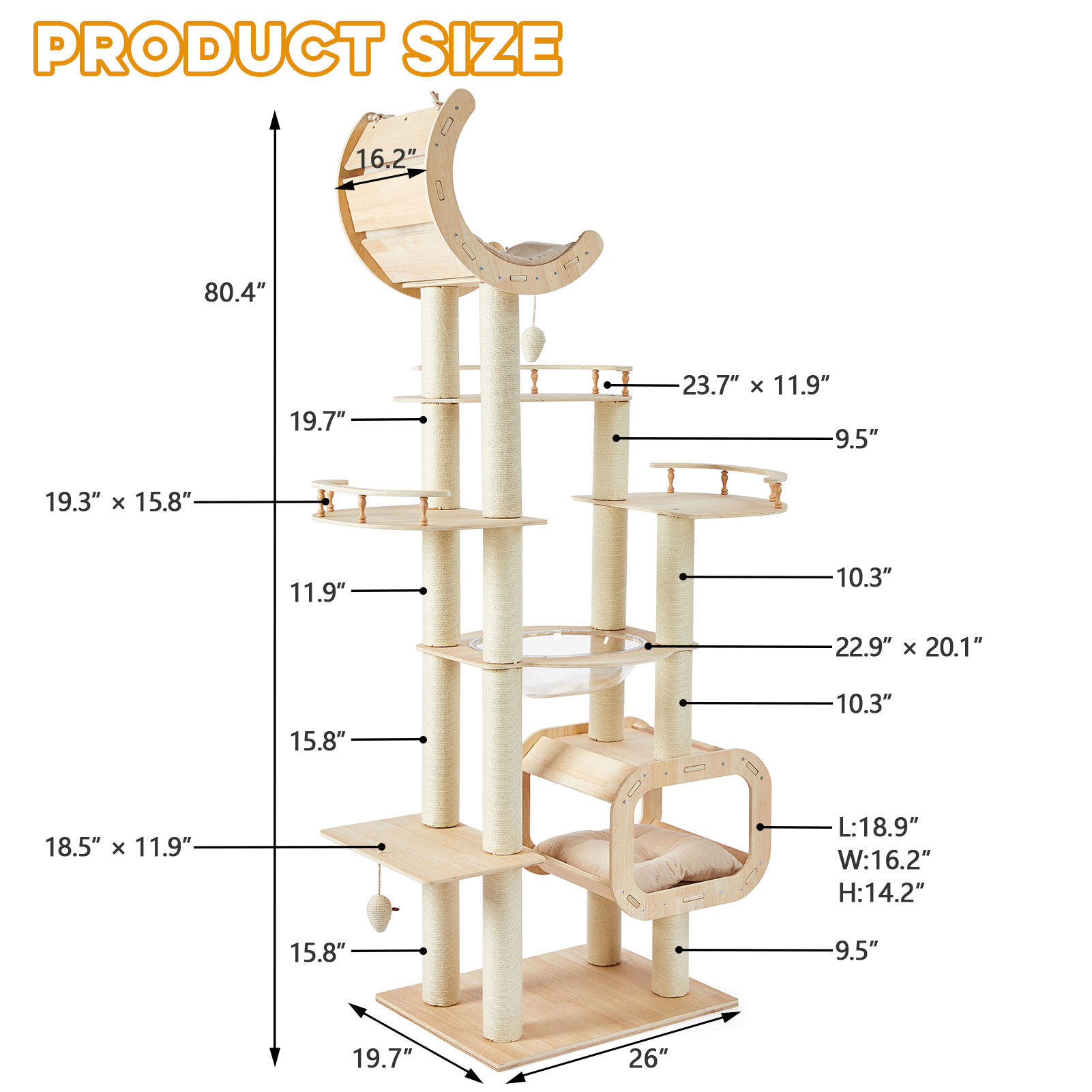 Heavy-Duty No-Drill Large Cat Tree-Solid Wood, 5-Story Multi-Column Cat Tower, 80.4in For Large Spaces & Multi-Cat Households, Open Condo, Space Capsule, Bed, Durable Indoor Pet Furniture — image 10