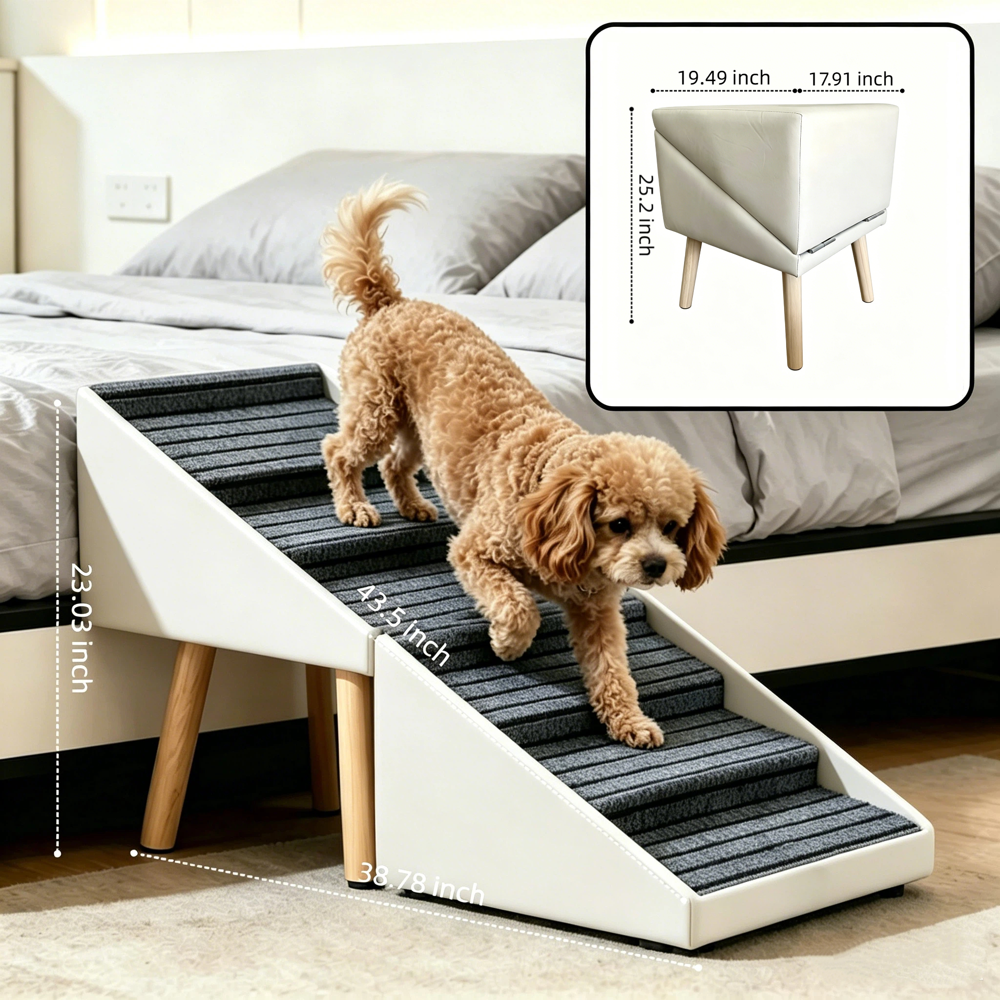 Escalera para Perros 2 en 1 para Cama y Sofá, 25.2" Rampa Plegable para Perros con 6 Escalones y Otomana para Perros Pequeños y Grandes, Beige — imagen 8