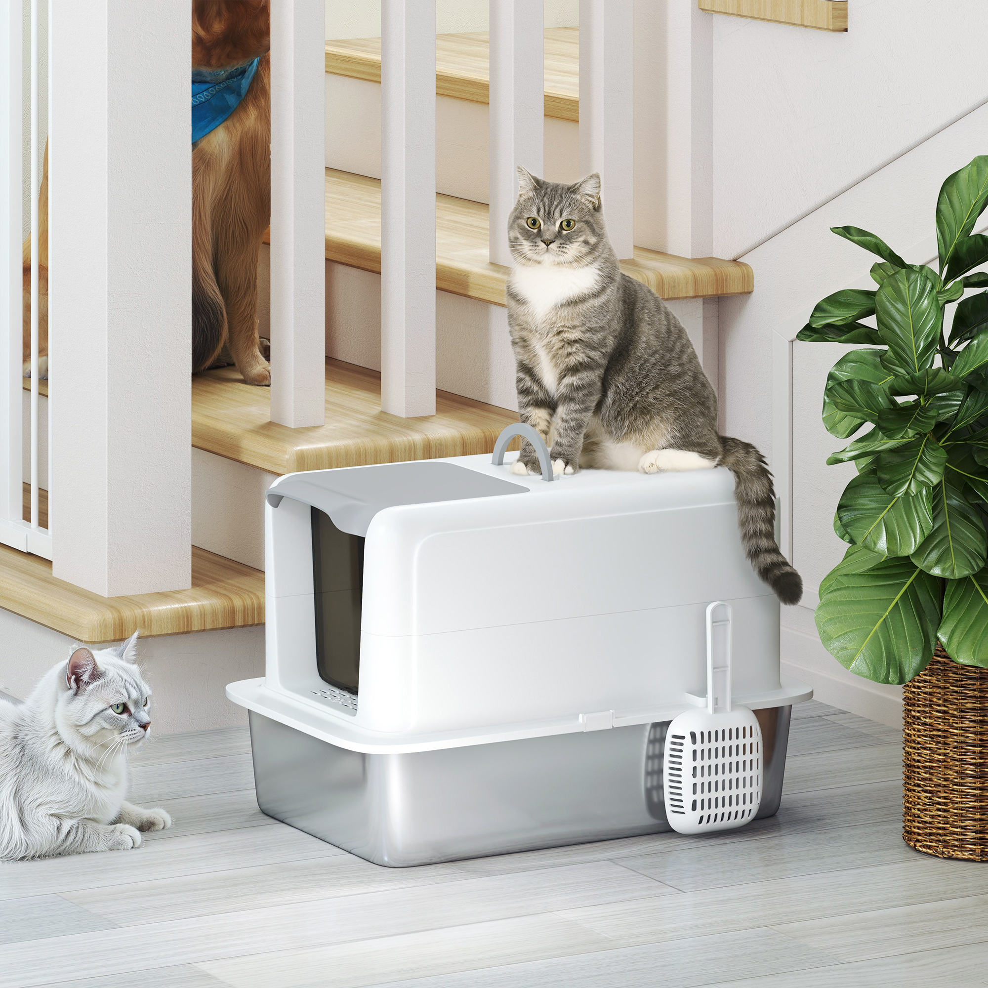 Caja de Arena para Gatos de Acero Inoxidable 2 en 1 con Tapa Removible, Pala, Bolsas Filtro, Para Gatos de Pequeños a Grandes, Blanco — imagen 3
