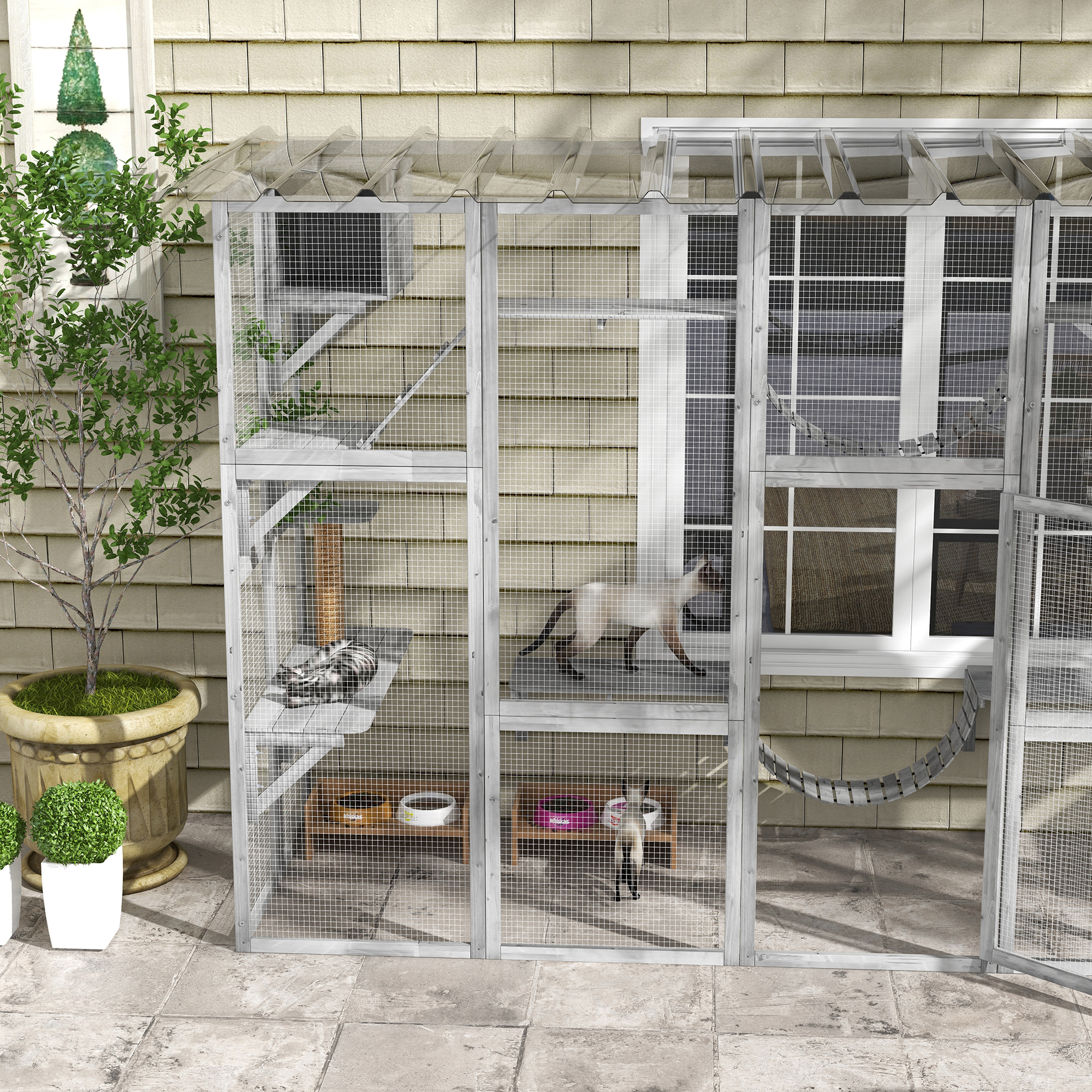 Catio Playground Cat Window Box Outside Enclosure for Multiple Cats w/ Shelves & Bridges, Gray — image 4