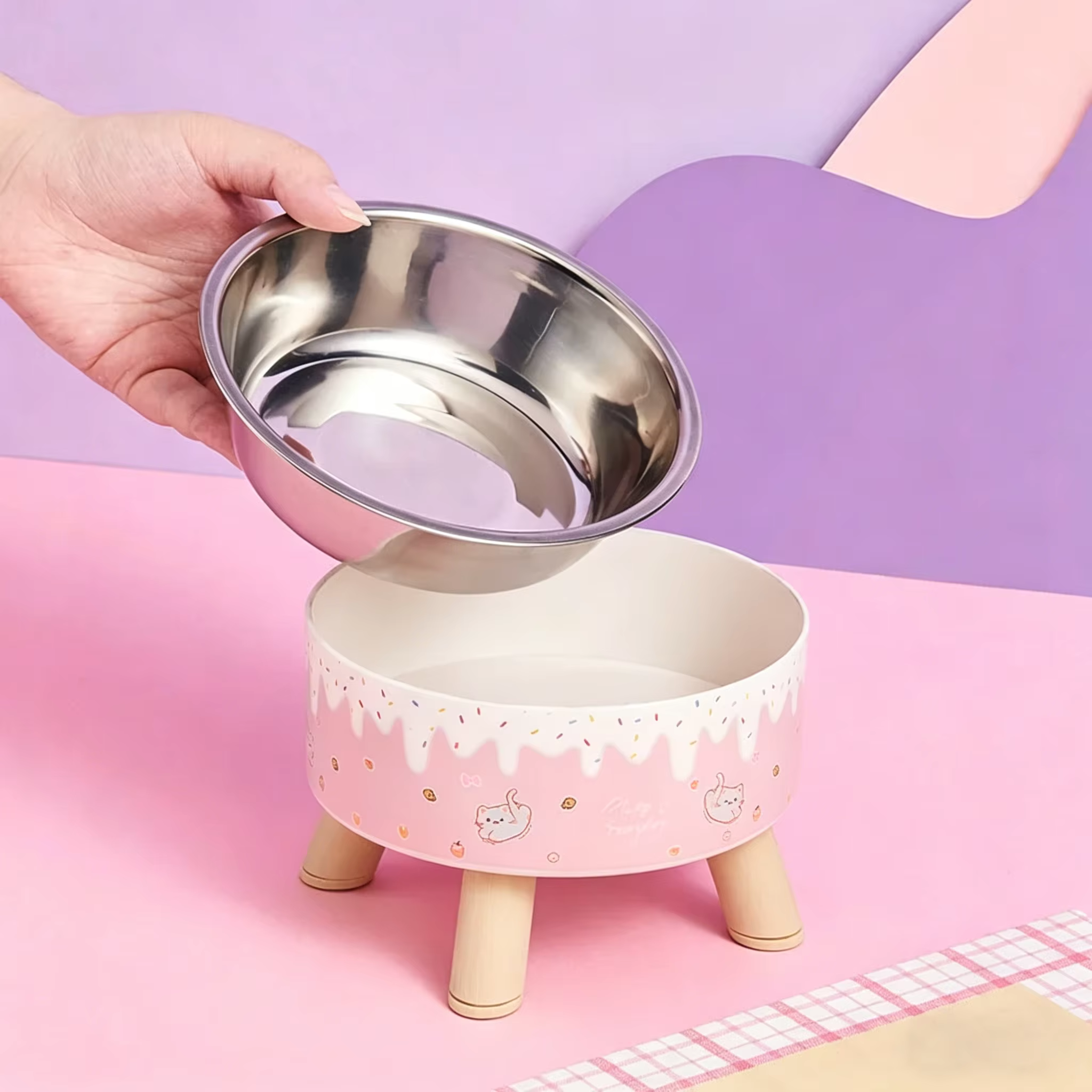 Tazón de Alimento para Mascotas con Soporte Cervical y Doble Piso - Diseño de Helado en 3D, Acero Inoxidable con Reducción de Derrames para Gatos y Perros — imagen 4