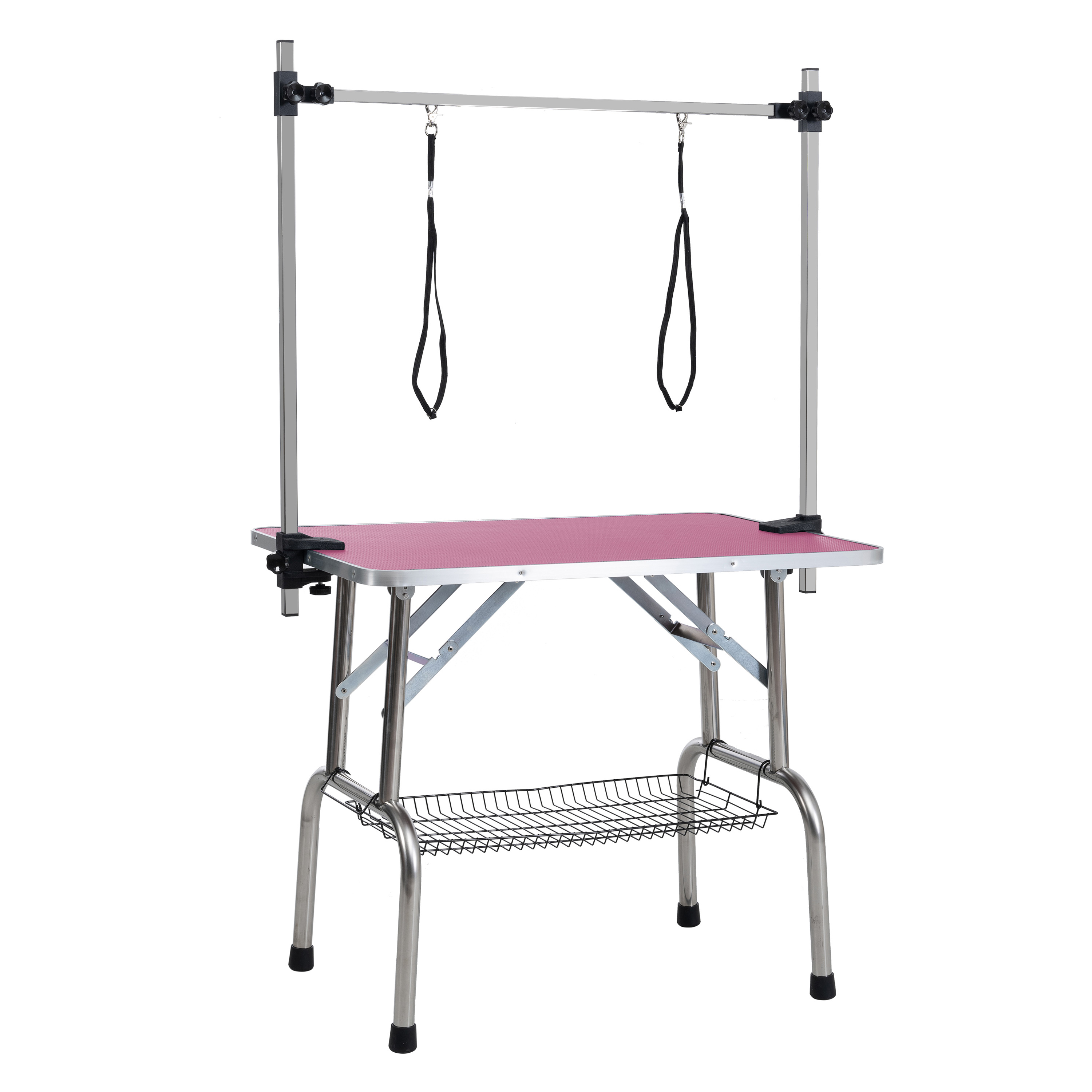 Mesa de aseo plegable de 46" para perros y mascotas, estructura de acero inoxidable con tapete de goma sobre tabla, brazo ajustable y sujetadores, mesa de aseo para perros y gatos, color ROSA — imagen 4