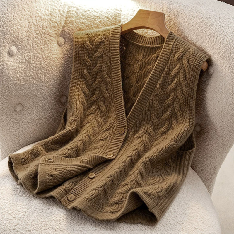 Women's V-Neck Cable Knit Imitation Sheep Wool Vest, Sleeveless Single-Breasted Cardigan — image 6