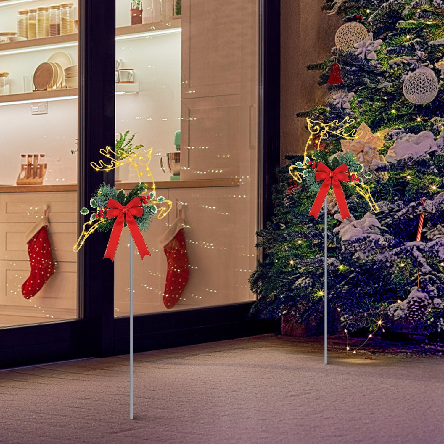 2 renos navideños luminosos, estacas de luces LED para camino, a pilas, para jardín, césped, porche, puerta principal y decoración navideña de patio — imagen 7