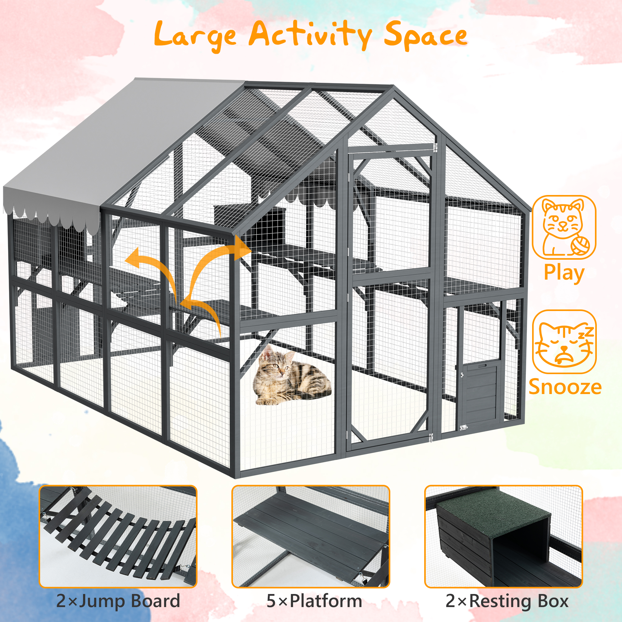 Extra Spacious Catio Outdoor Cat Haven, 110 Inch Luxury Cattery With Weather-Resistant Roof, Cat Climbing Ramp, Space Pod Bed, 2 Lounging Huts — image 5