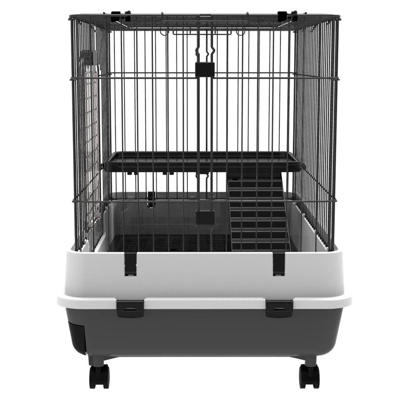 PawHut 2-Level Small Animal Cage Rabbit Hutch With Wheels, Removable Tray, Platform And Ramp For Bunny, Chinchillas, Ferret, Black — imagen 5