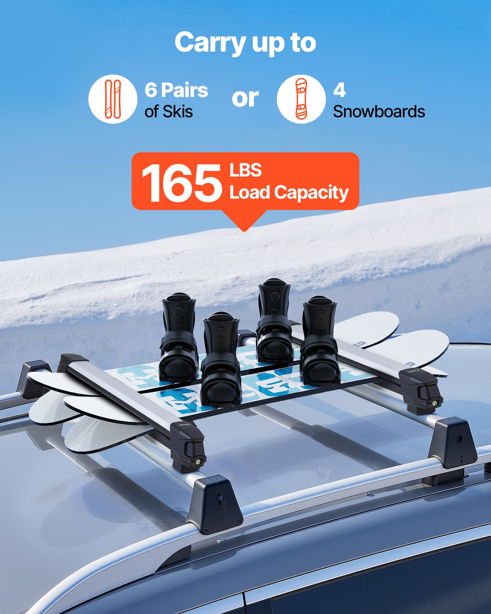 Ski & Snowboard Roof Rack, Carry Up To 6 Pairs Of Skis Or 4 Snowboards, 2 PCS Aluminum Universal Car Roof Rack With Lock & Rubber Padding, Carrier For Fishing Rod, Fit Most Slotted Crossbars — imagen 4
