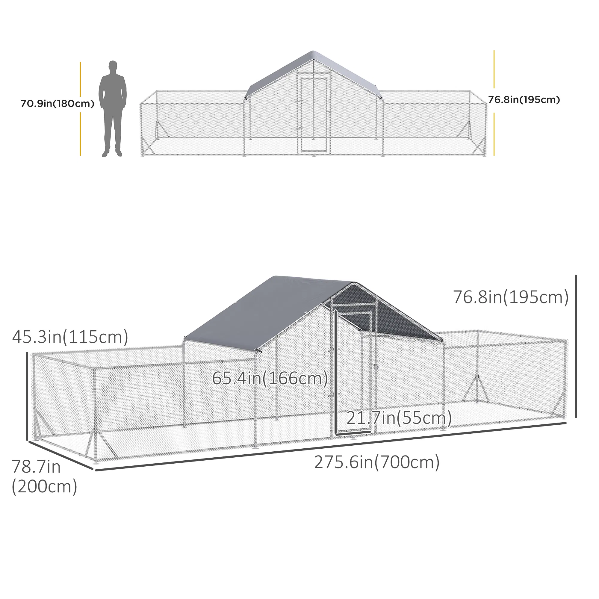 Chicken Run, 23' x 6.6' Metal Chicken Coop with Waterproof and Anti-UV Cover, Spire Roof, Door, for 12-14 Chickens, Ducks, Rabbits, Sliver — image 6