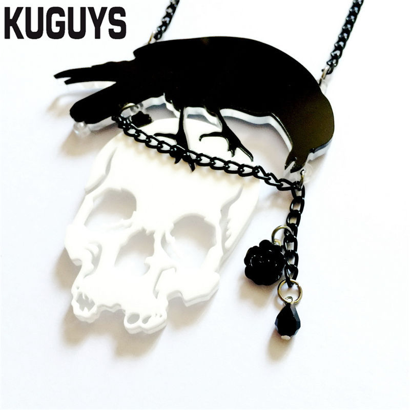 Joyas de Acetato de Moda para Mujer Negra con Cuervo y Calavera Blanca Pendiente Grande Cadena de Enlace Hip-Hop Rock — imagen 2
