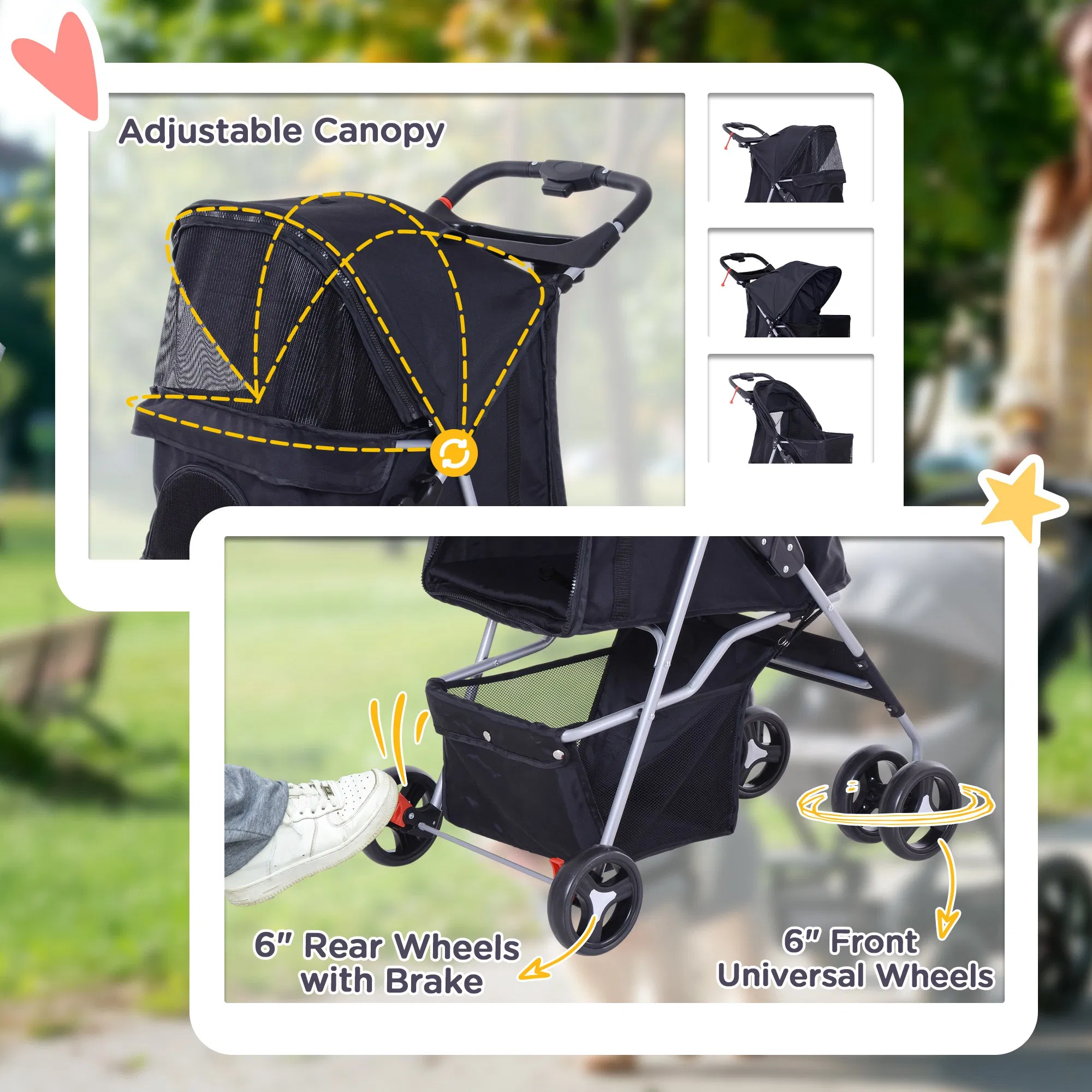 Dog Stroller, One-click Folding Pet Stroller with Cup Holder, 4 Wheels Travel Carrier w/ Brakes, 360° Swiveling Front Wheels, Storage Basket, for XS/Small Dogs Cats, Black — image 3