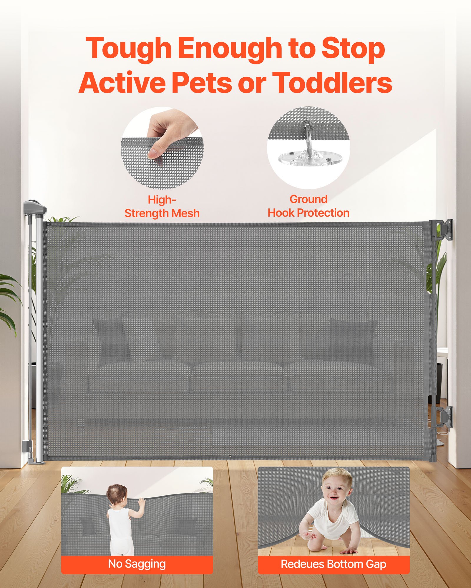 Retractable Baby Gate, Extends To 57 Inch Wide, 38.5 Inch Tall, With Security Lock, Easy To Use, Walk Through Without Tripping, Mesh Dog Gate For Stairs, Hallways, Indoor/Outdoor, Gray — imagen 5