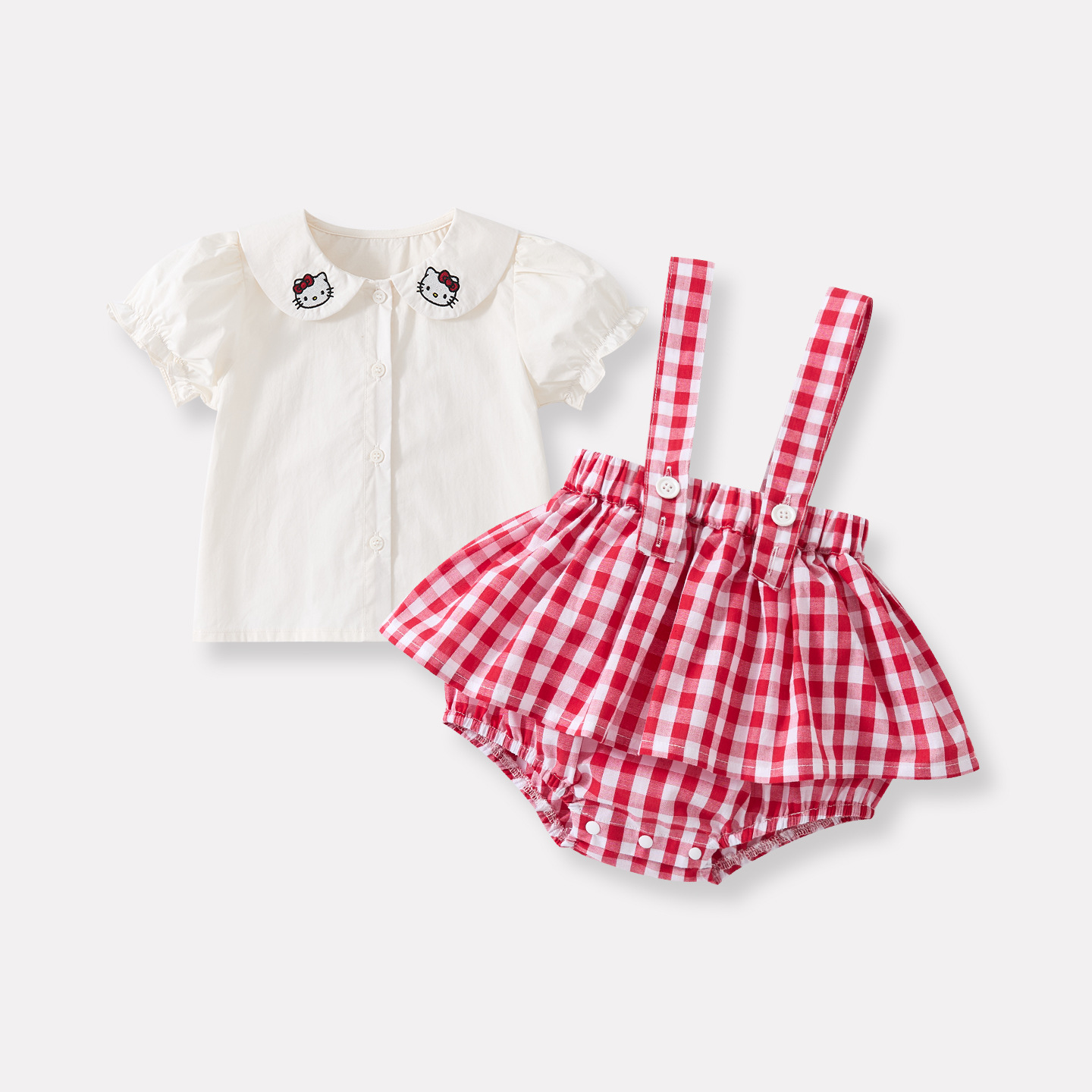 Baby Doll Collar Cartoon Embroidered Cat Short Sleeve Infant Plaid Overall Romper Two-Piece Set — image 7