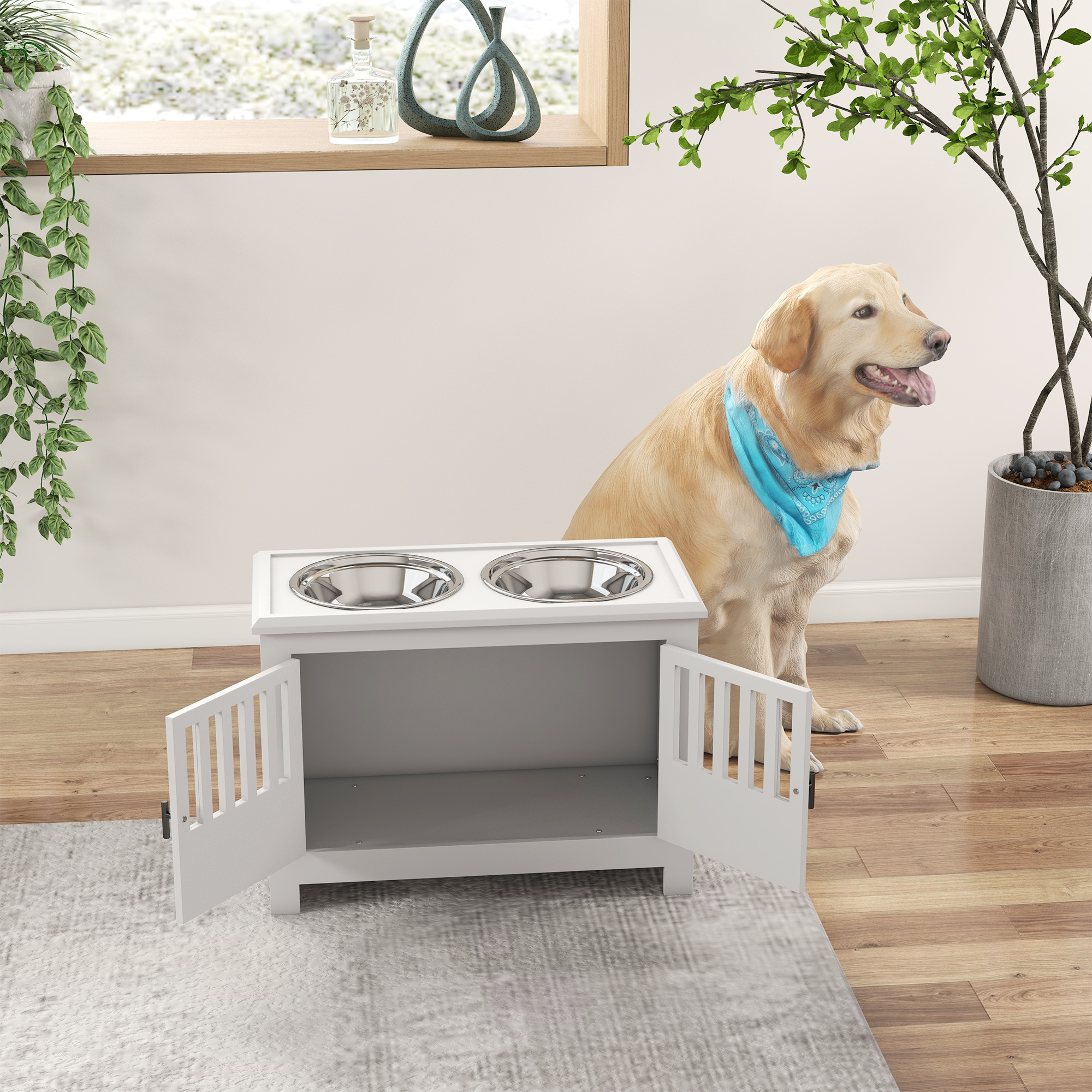Dog Food Storage Cabinet with Bowls & Dog Feeding Station, White — image 4