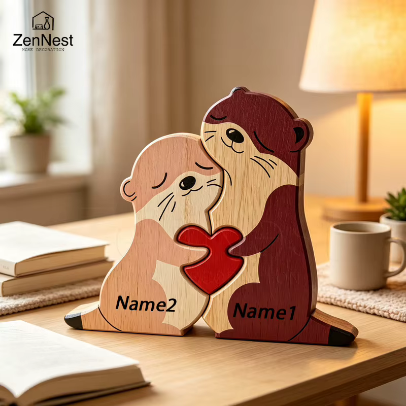 Cute Otter Family Wood Puzzle Ornament Red Heart Tabletop Decor Mother's Day Christmas Birthday Home Office Souvenir Gift — image 5