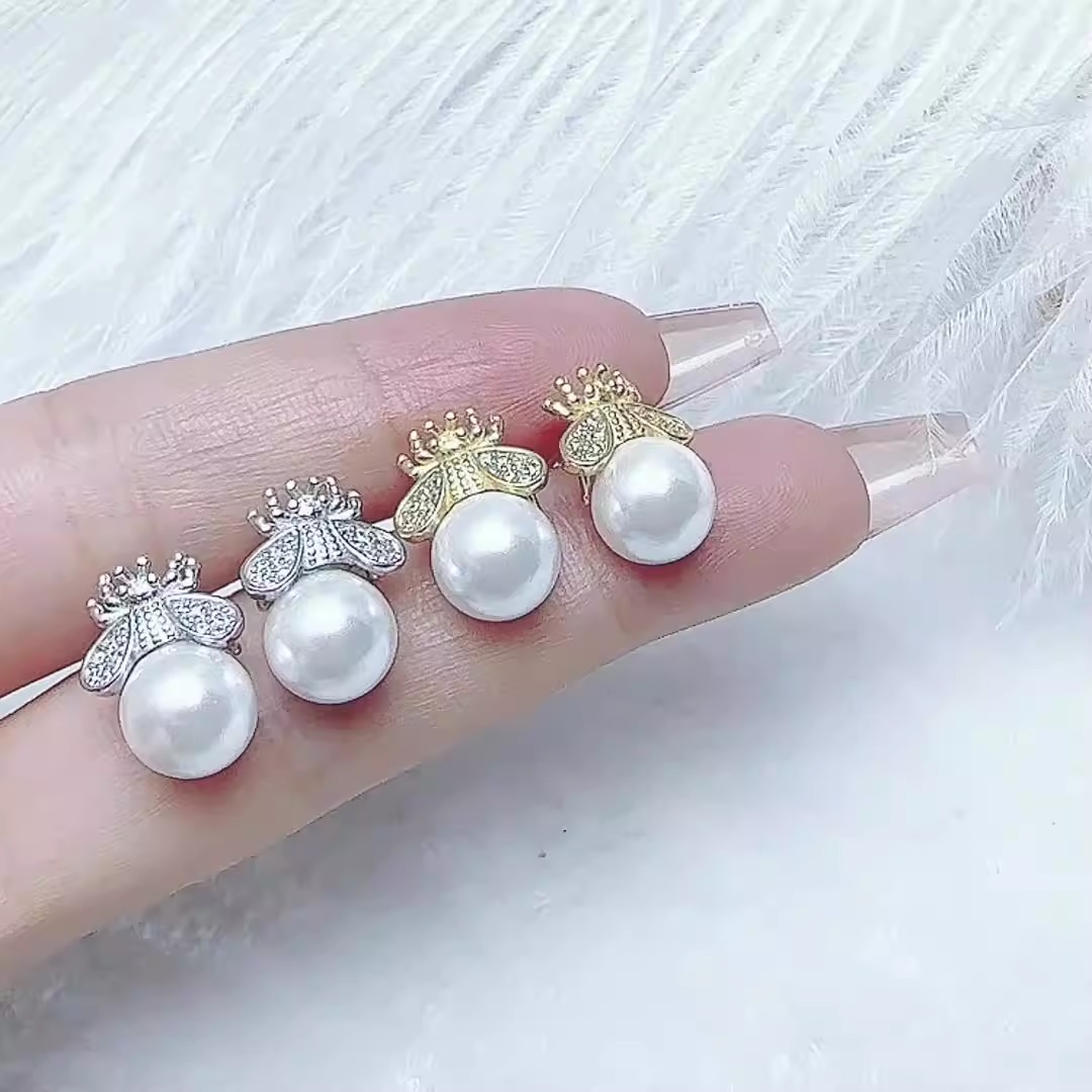 S925 new bee pearl earrings light luxury temperament freshwater earrings for women simple gold fashion personality — image 7