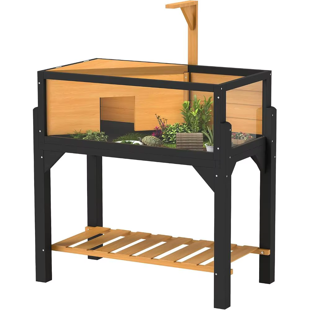 Tortoise Habitat w/Storage Shel, Clear Windows, Lamp Holder Yellow | Wooden Tortoise Enclosure, Openable Top, Built-in Tray, Rep — image 1