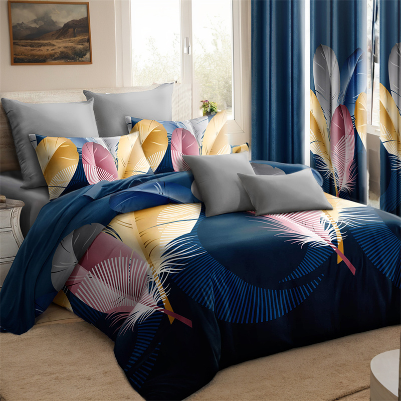 9 Piece Room In A Bag Quilt And Curtain Set, US Designer Navy Blue Boho Feather Print Heavyweight Bedspread With 6 Customizable Window Panels, Pet-Friendly High GSM Coverlet — image 3