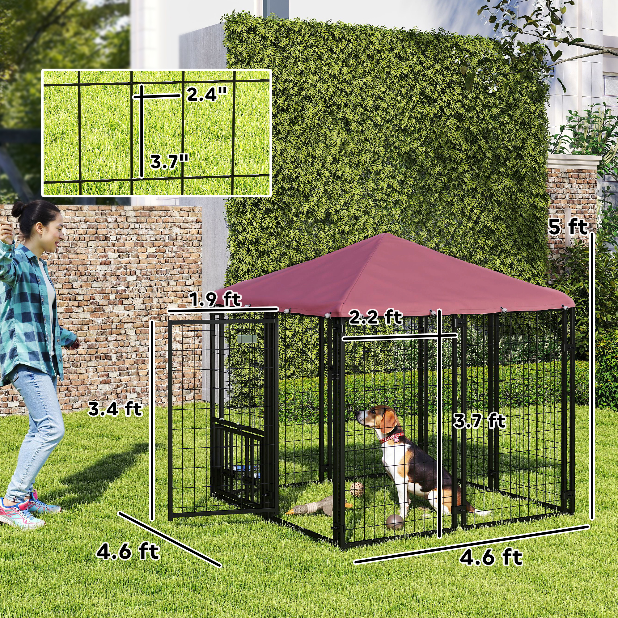 Welded Wire Outdoor Dog Kennel With 360° Rotating & 4 Levels Adjustable Bowls, Waterproof Cover, 4.6' X 4.6' X 5' — image 2